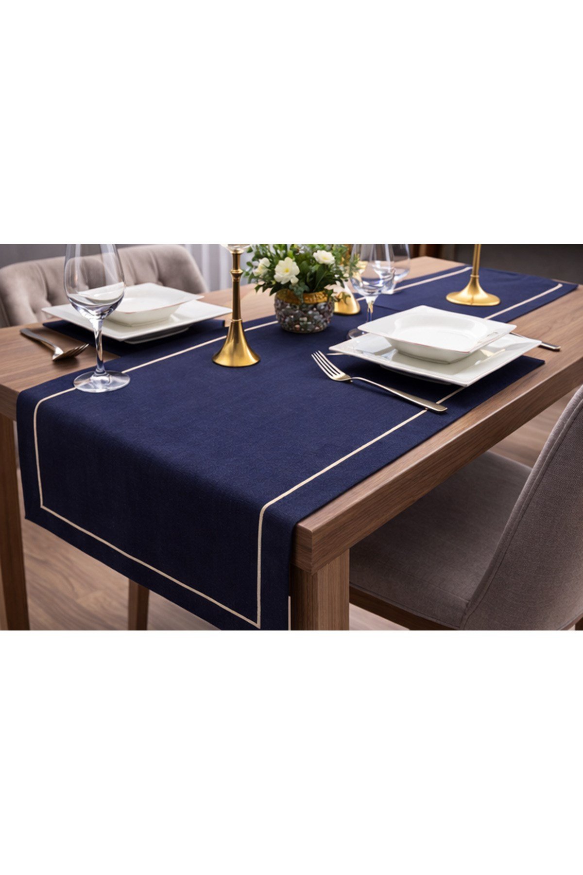 Polyester Keten Çeyiz Piko Sarma Detaylı Lacivert Runner 40 x 160 - 1 Adet