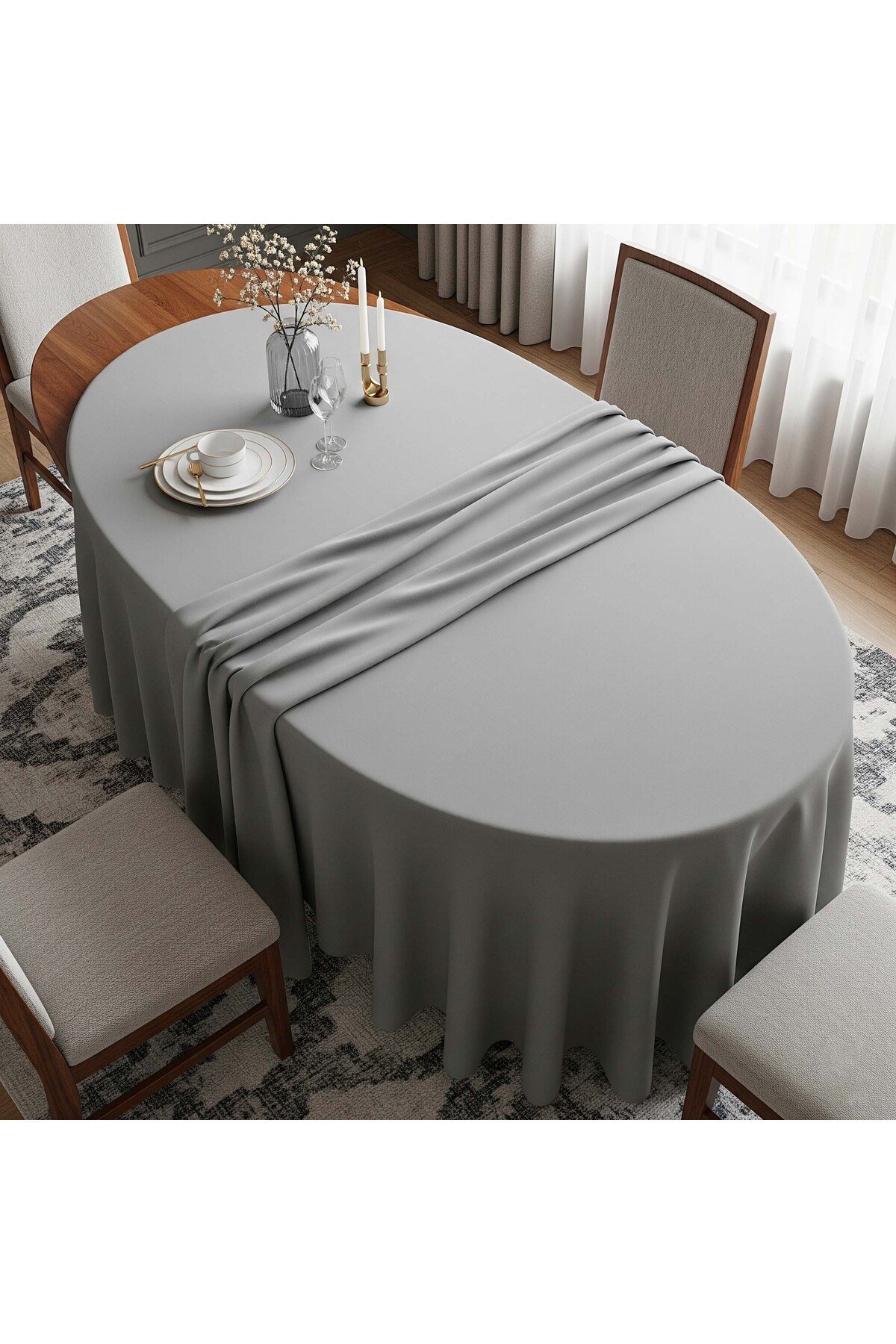 Polyester Keten Dertsiz Oval Masa Örtüsü Gri