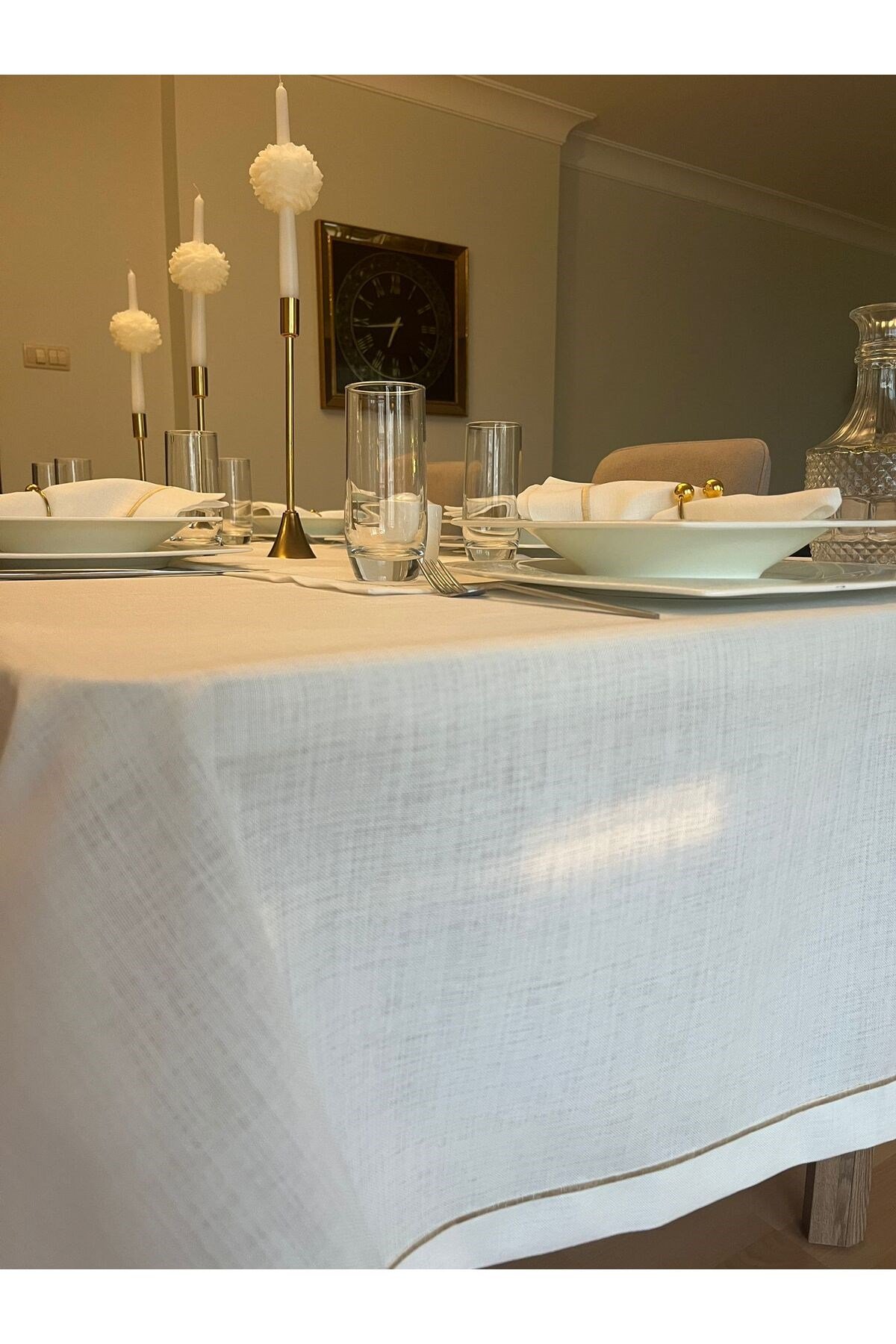 Polyester Keten Gold Piko Detaylı Kırık Beyaz Dertsiz Masa Örtüsü + 6 Peçete