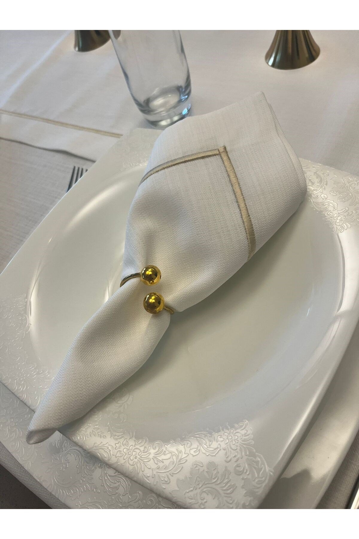 Polyester Keten Gold Piko Detaylı Kırık Beyaz Peçete 40x40 - 6 adet
