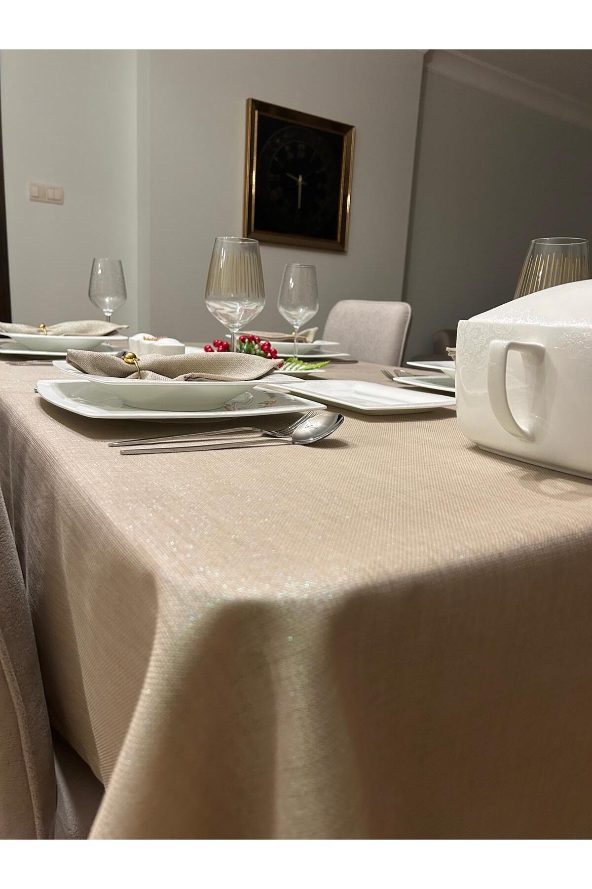 Polyester Keten Simli Linen Masa Örtüsü Taş Rengi + 6 Peçete