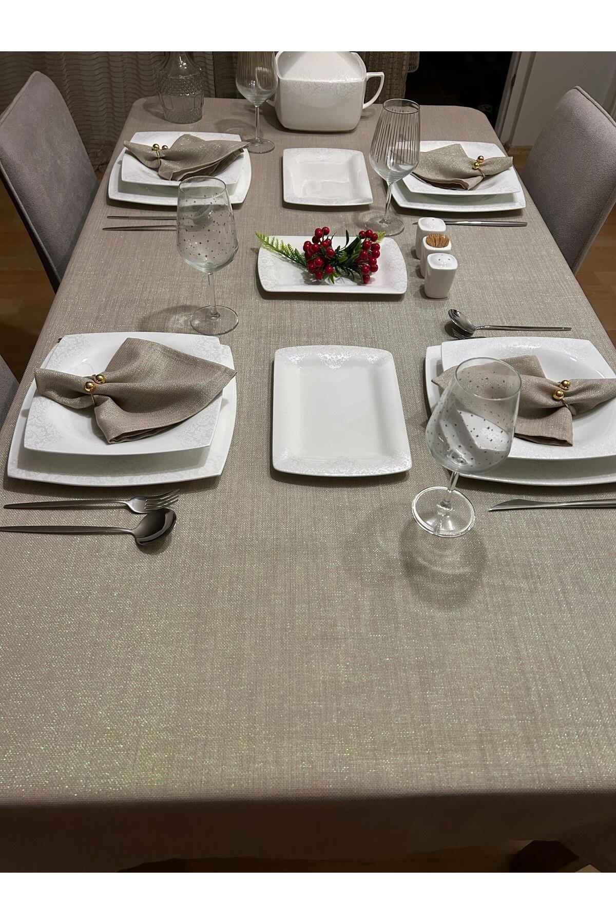 Polyester Keten Simli Linen Masa Örtüsü Taş Rengi + 12 Peçete