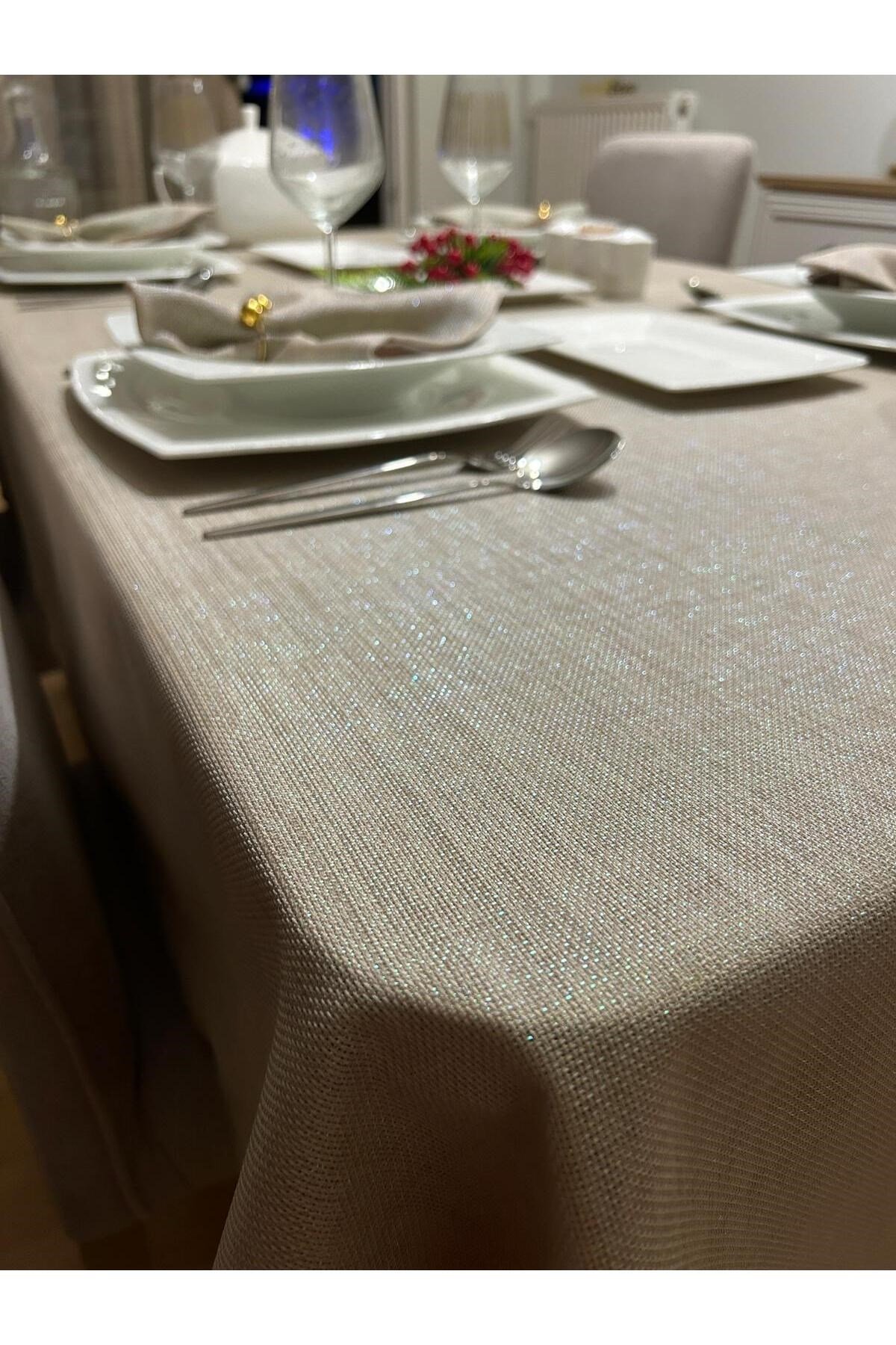 Polyester Keten Simli Linen Masa Örtüsü Taş Rengi + 12 Peçete