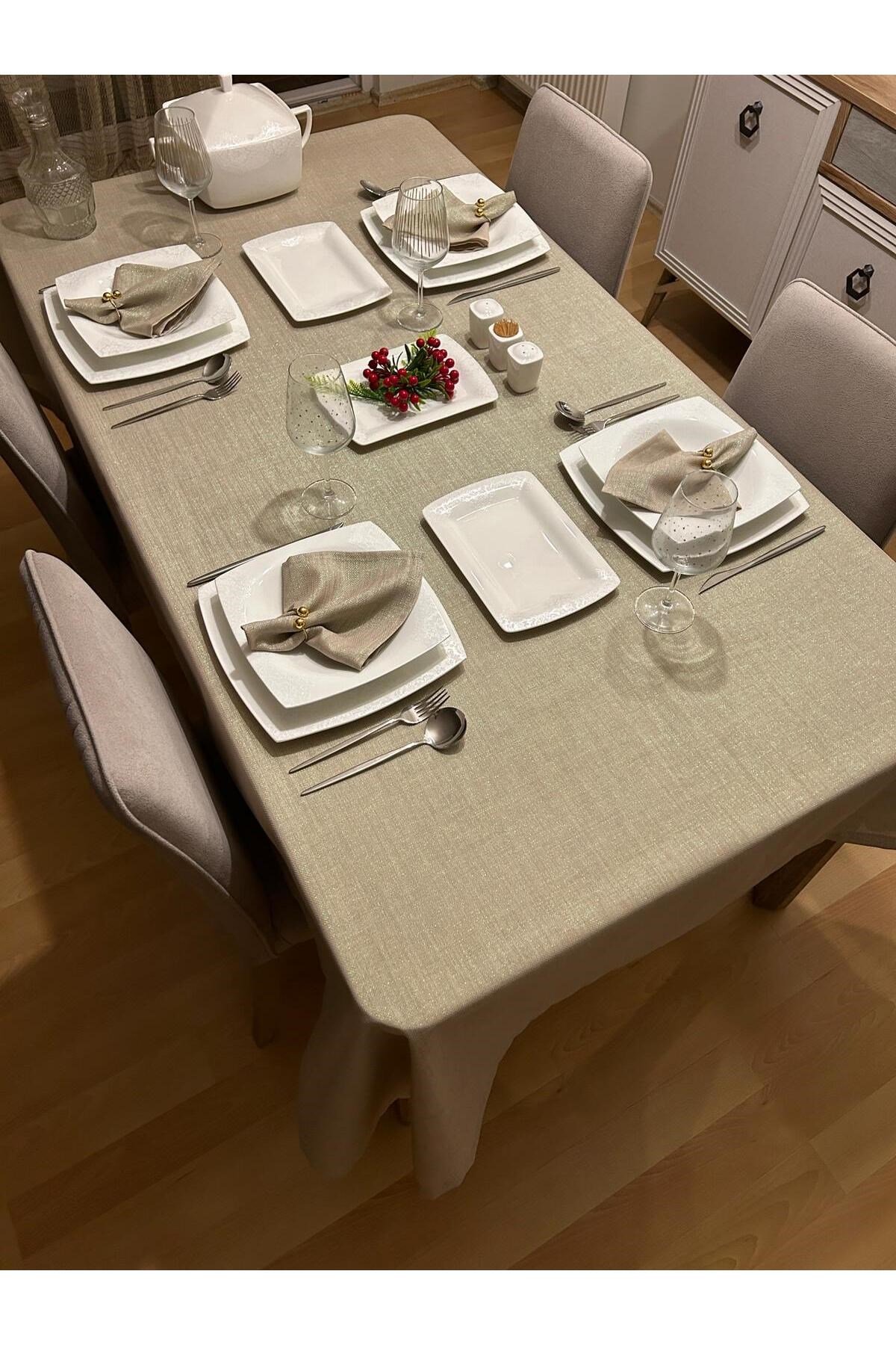 Polyester Keten Simli Linen Masa Örtüsü Taş Rengi + 6 Peçete