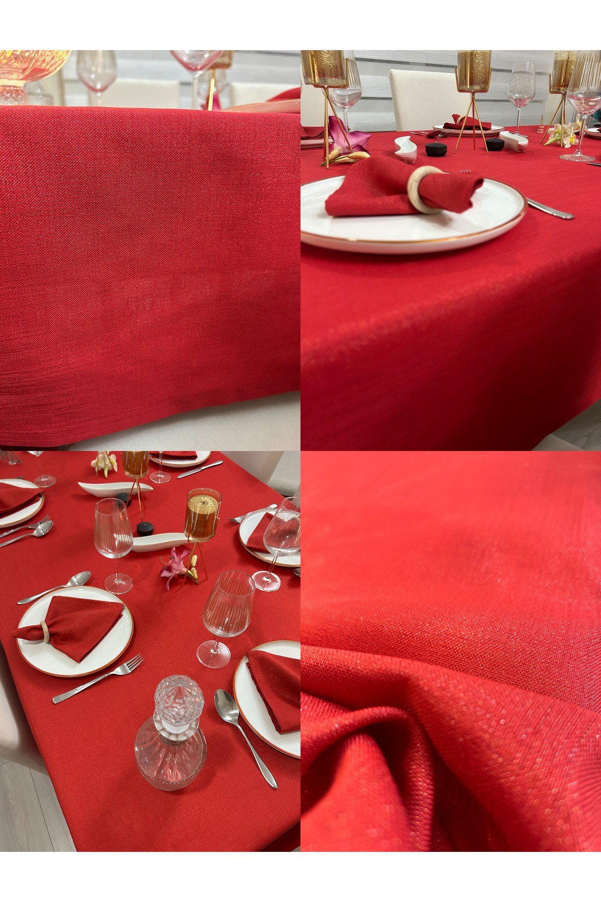 Polyester Keten Simli Masa Örtüsü Kırmızı + 12 Peçete