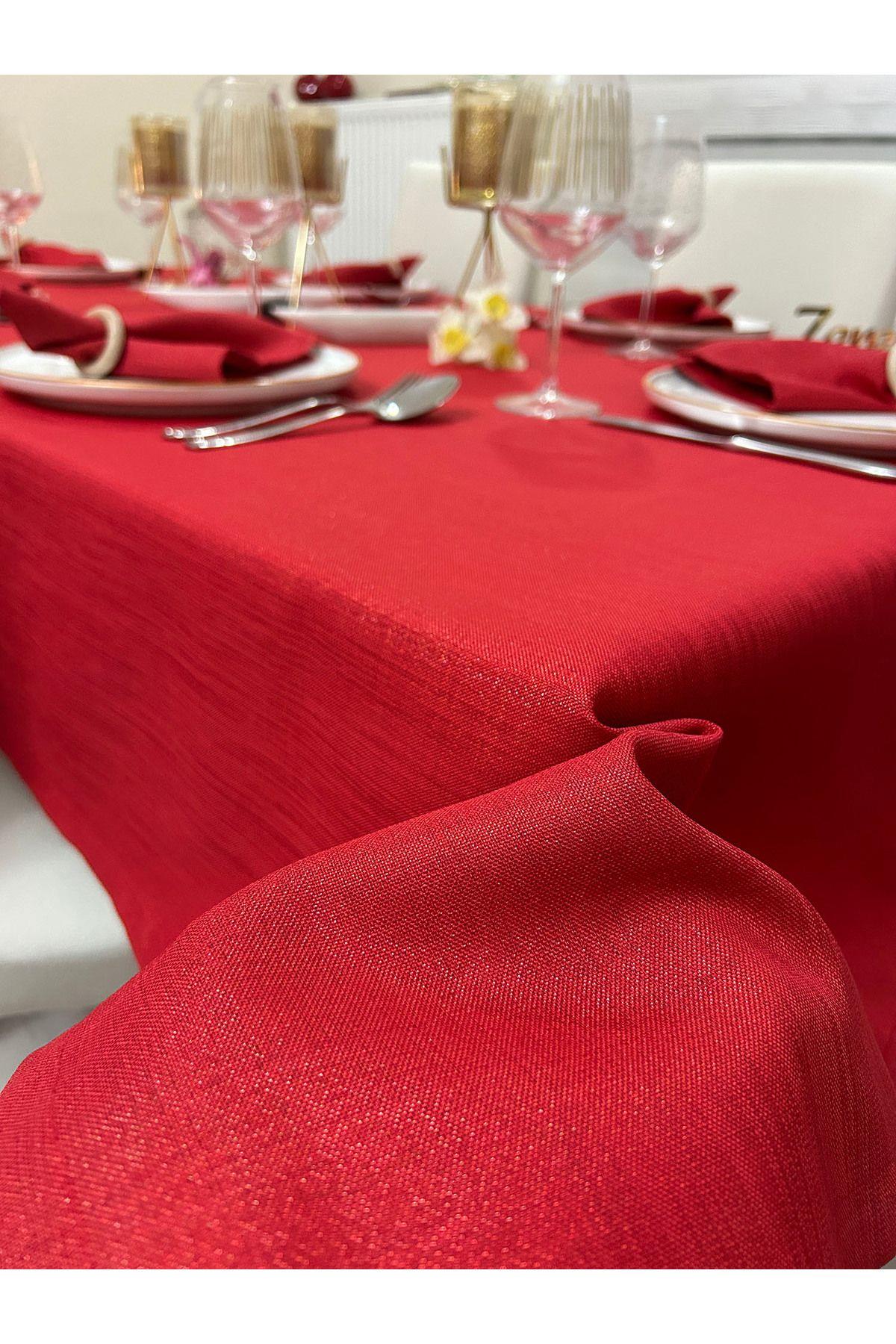 Polyester Keten Simli Masa Örtüsü Kırmızı + 12 Peçete