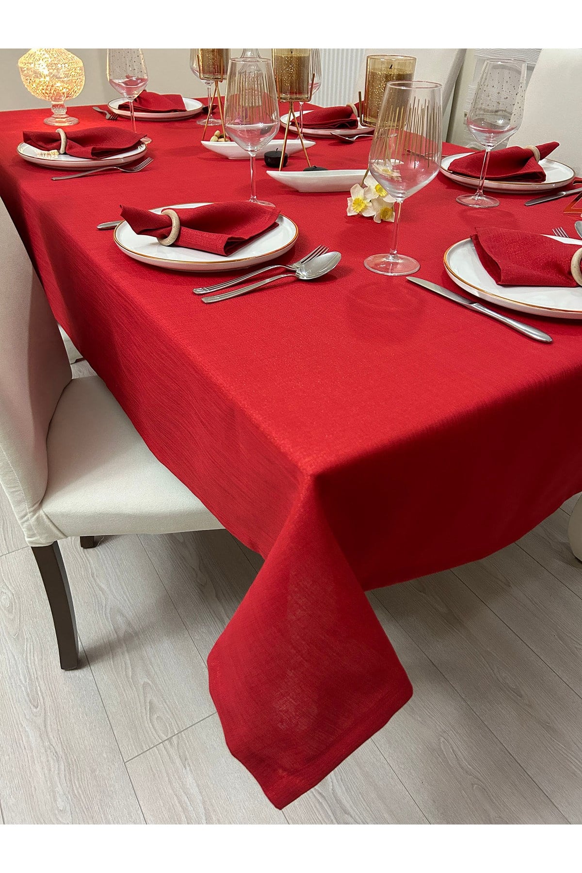 Polyester Keten Simli Masa Örtüsü Kırmızı