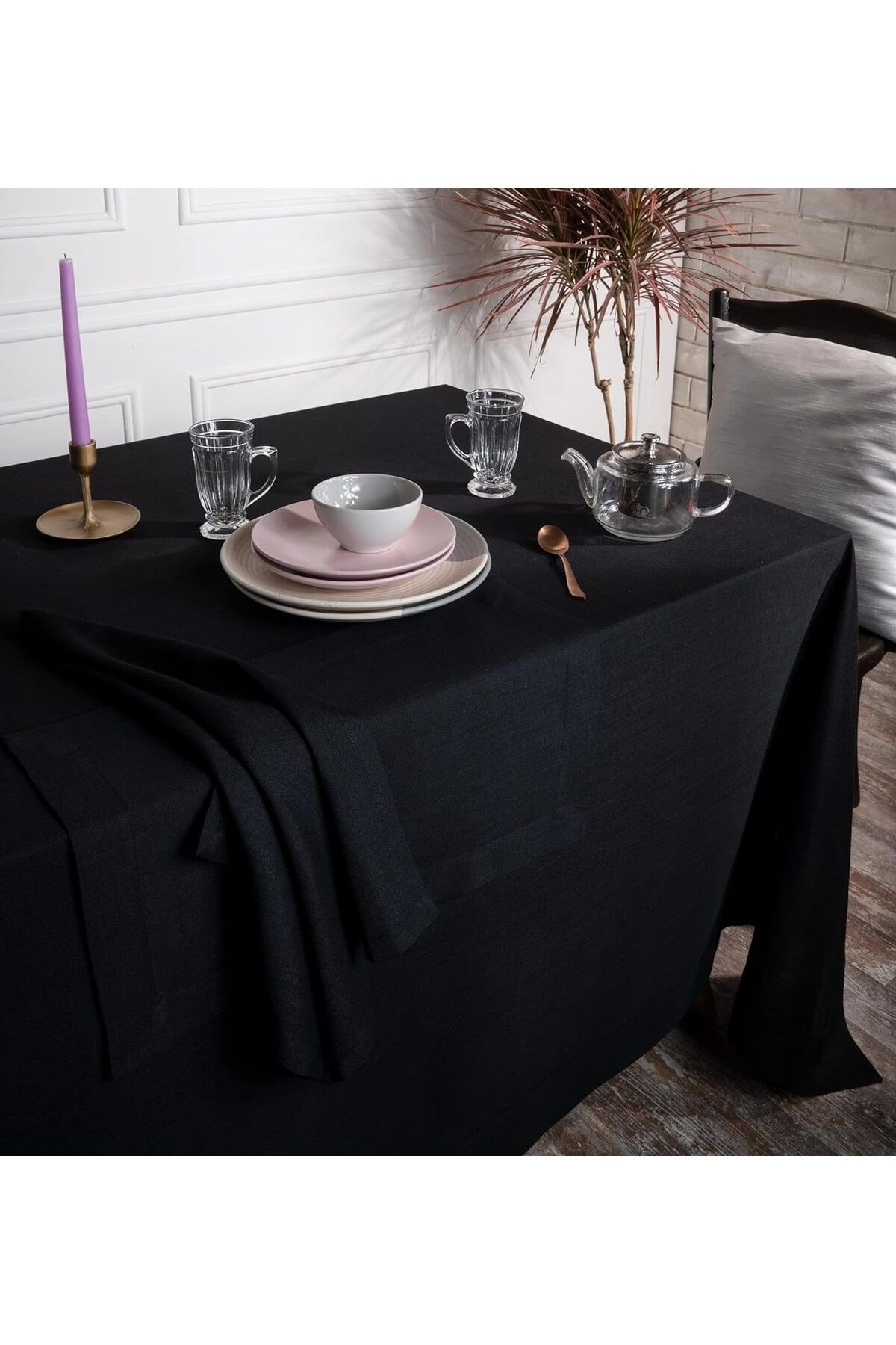 Polyester Keten Simsiz Masa Örtüsü Siyah + 12 Peçete