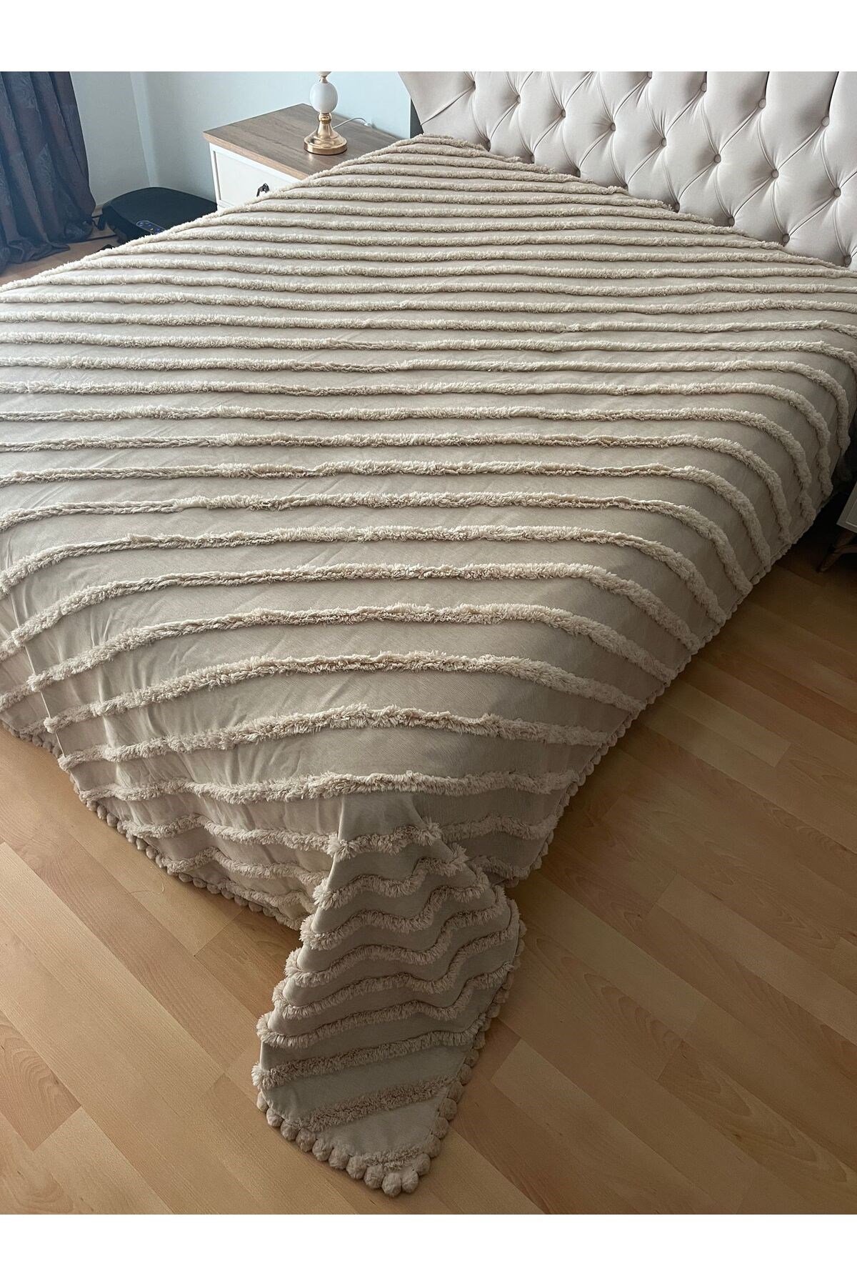 Ponpon Detaylı TEK Kişilik Pamuklu Yatak Örtüsü Pike 160 x 260 - 1 Adet