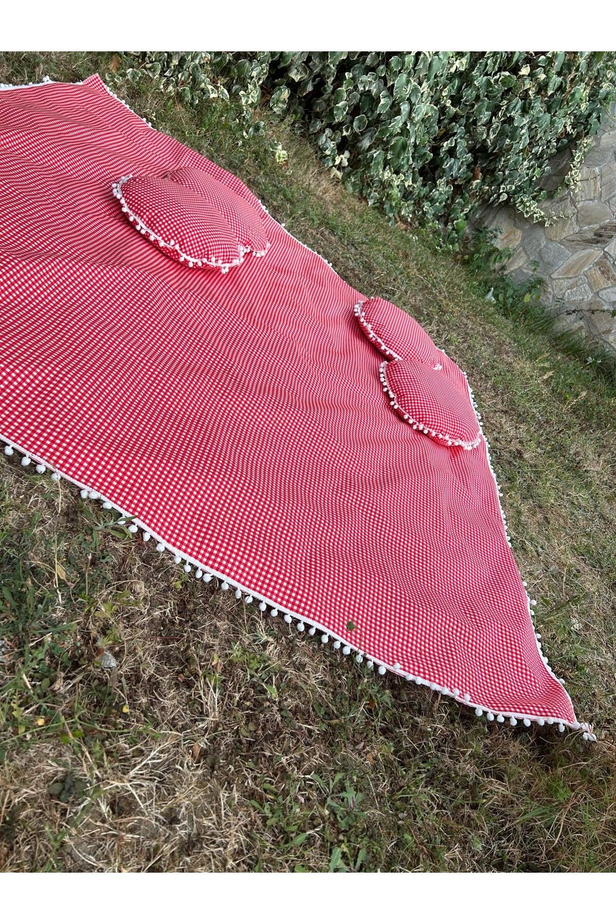 Ponponlu Sıvı Geçirmez Keten Masa Piknik Örtüsü 170 x 170 , 2 Yuvarlak Ponponlu Minder