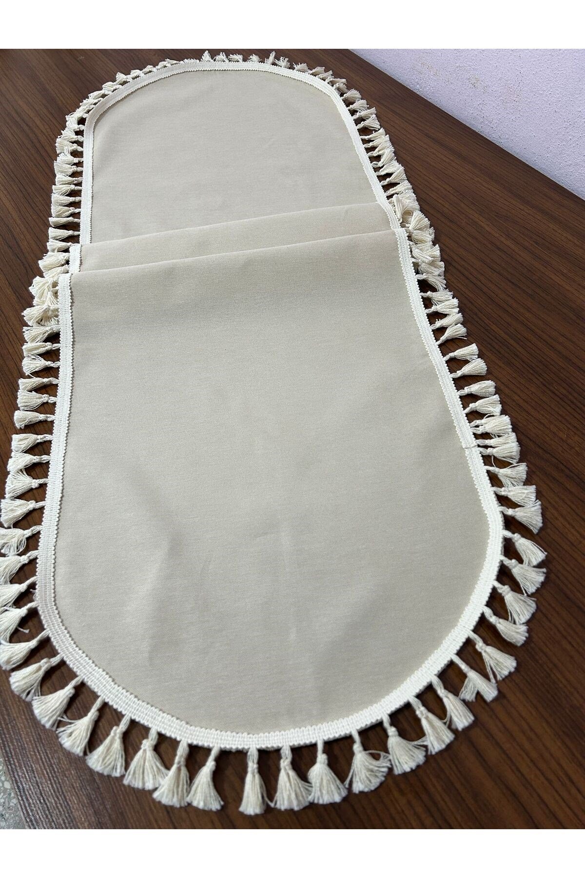 Püskül Detaylı Oval Keten Runner 40x150