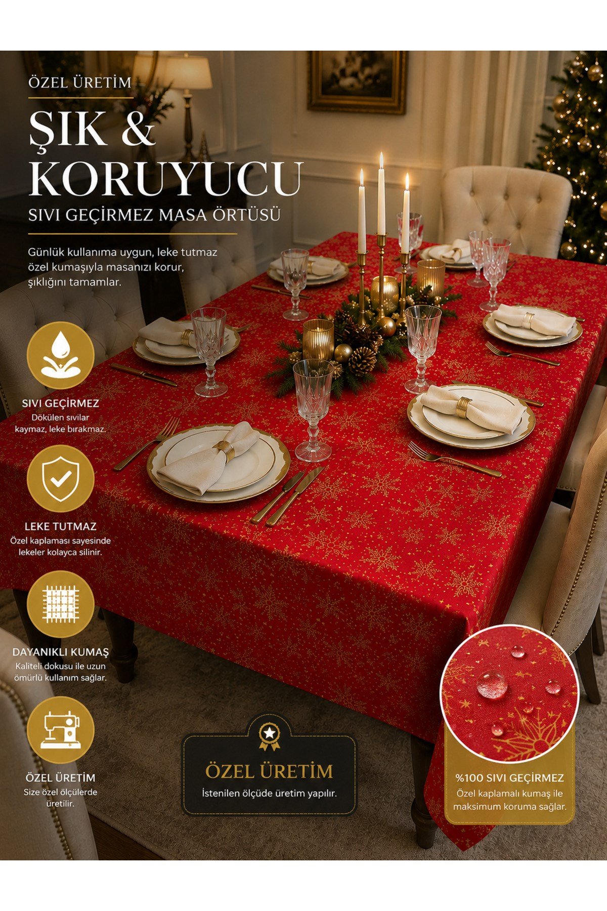 Royal Noel Kırmızı Sıvı Geçirmez Masa Örtüsü | Altın Kar Tanesi Desenli | Özel Ölçü Dikim