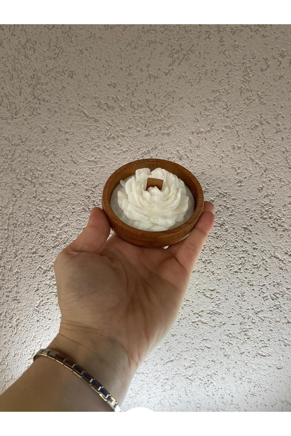 Şakayık Çiçekli Dekoratif Ahşap Kase Özel Tasarım Kokulu Aromaterapi Mum