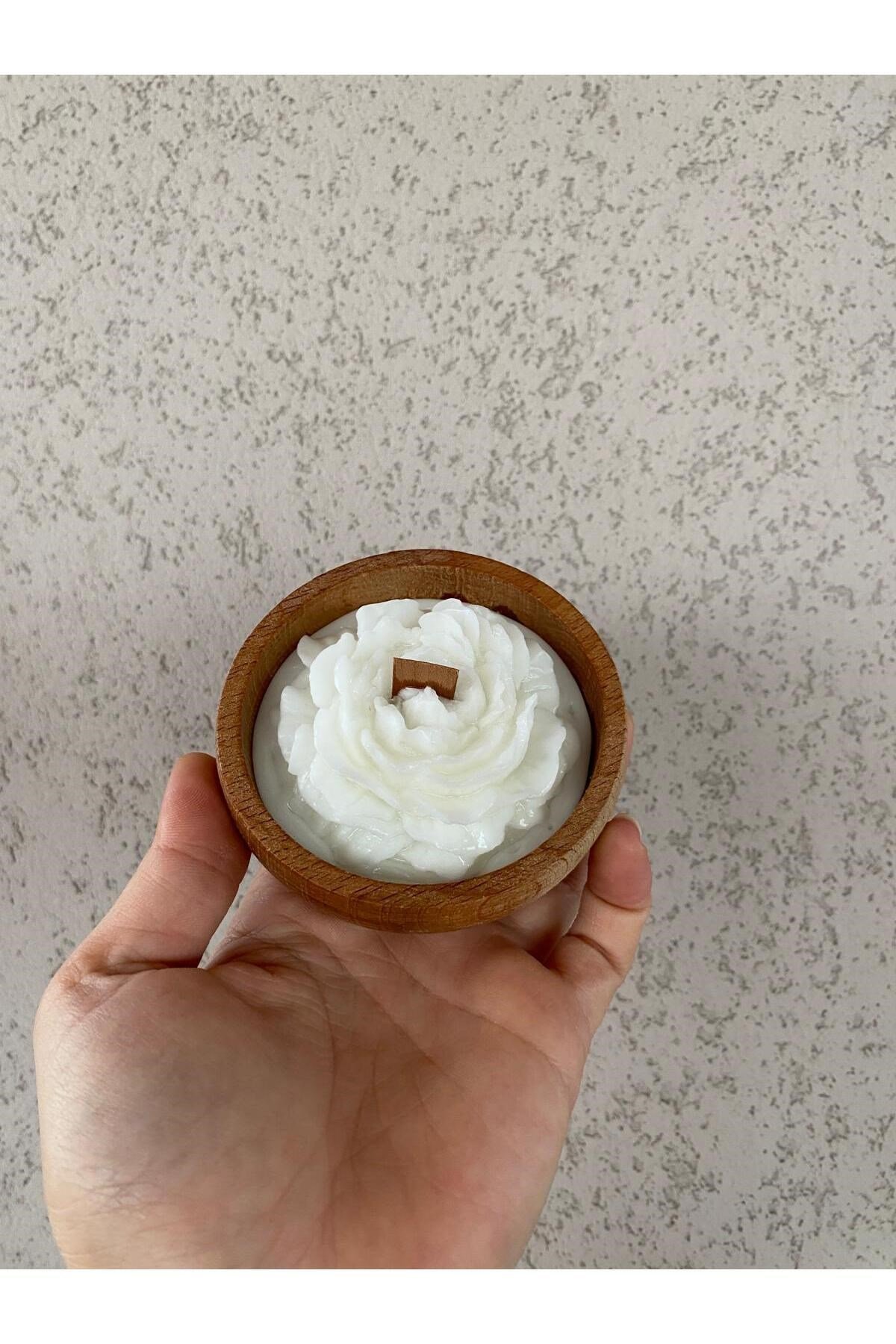 Şakayık Çiçekli Dekoratif Ahşap Kase Özel Tasarım Kokulu Aromaterapi Mum