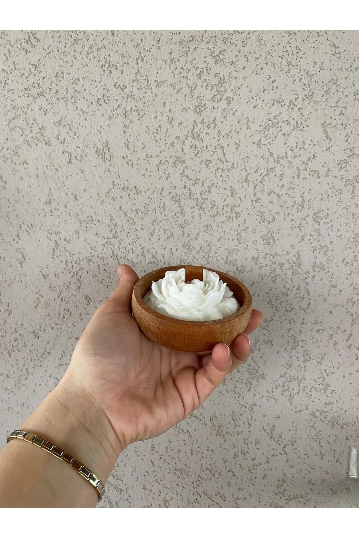 Şakayık Çiçekli Dekoratif Ahşap Kase Özel Tasarım Kokulu Aromaterapi Mum