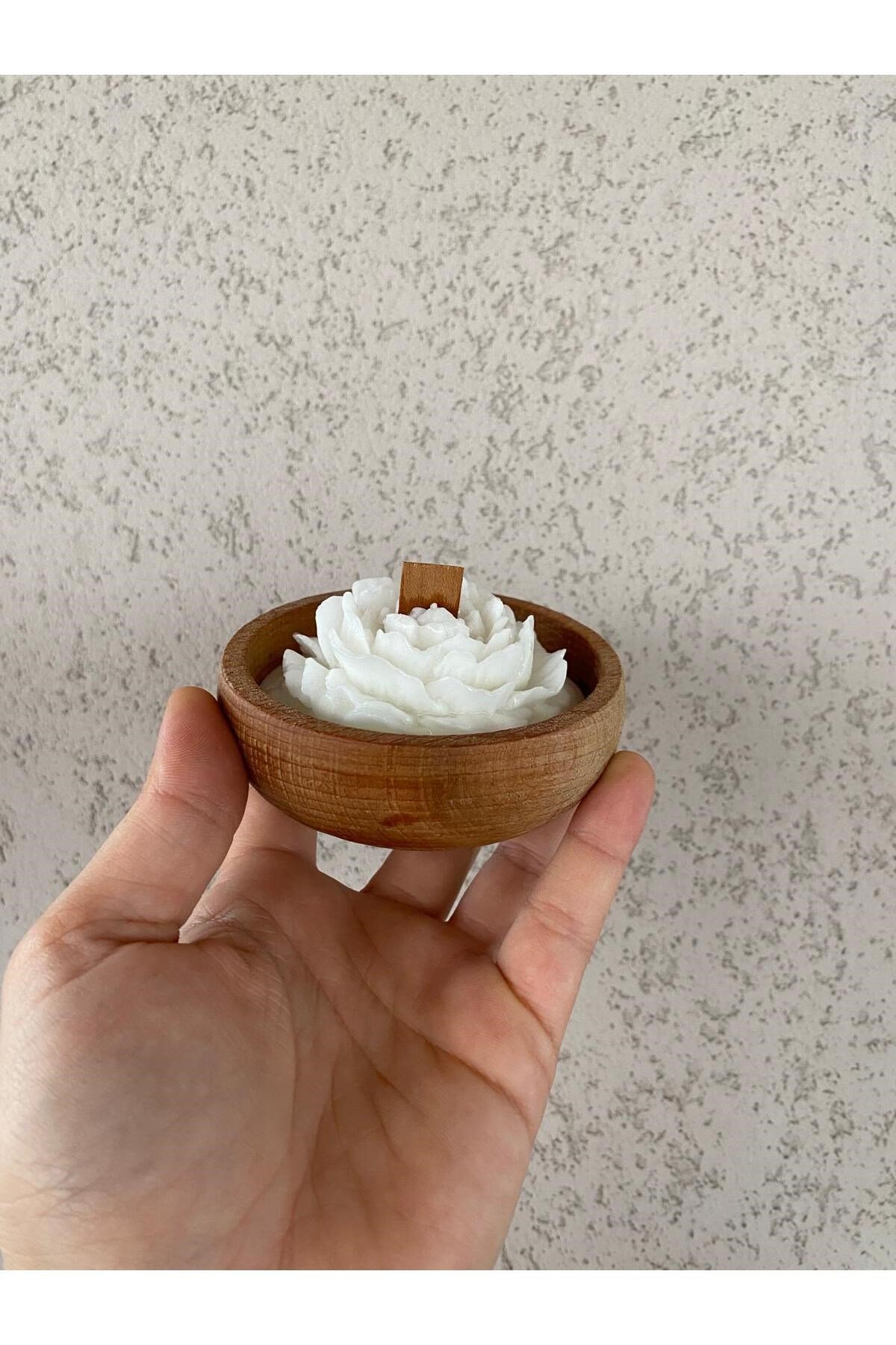 Şakayık Çiçekli Dekoratif Ahşap Kase Özel Tasarım Kokulu Aromaterapi Mum