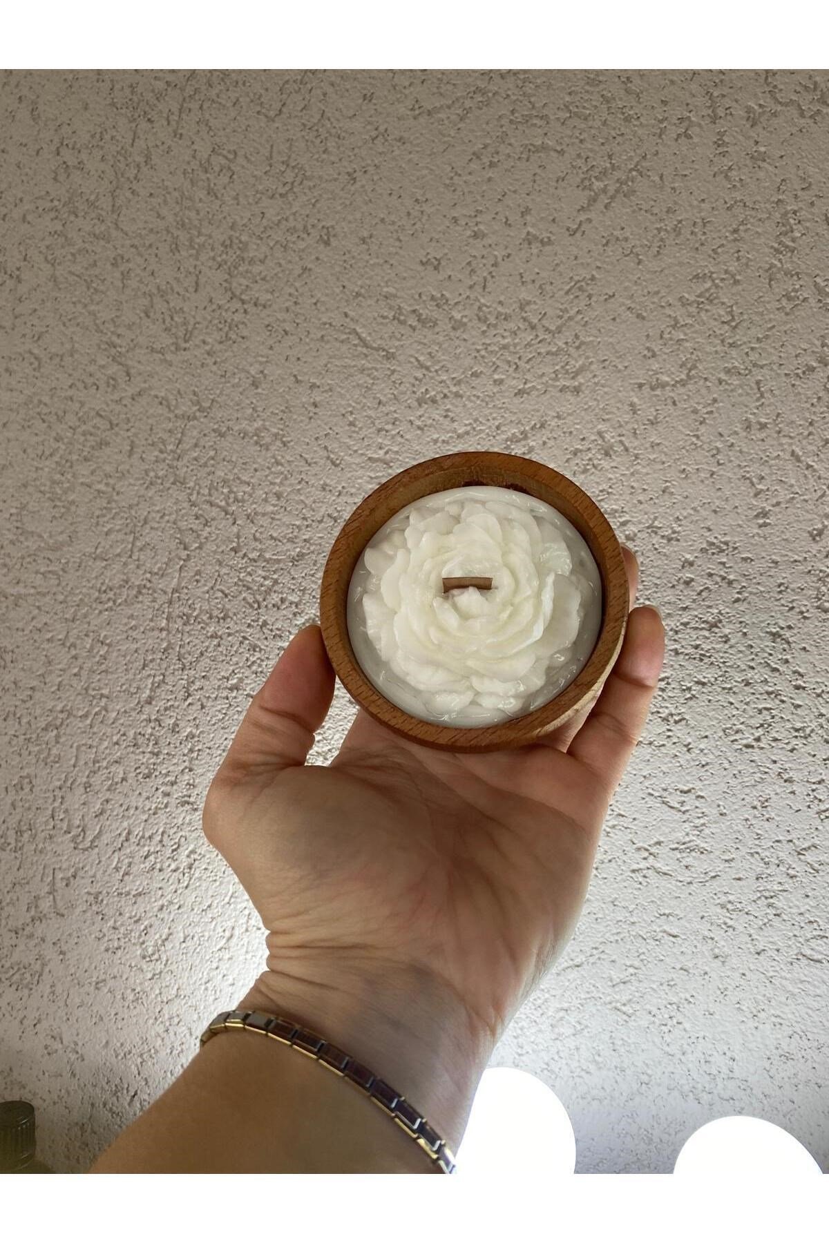 Şakayık Çiçekli Dekoratif Ahşap Kase Özel Tasarım Kokulu Aromaterapi Mum