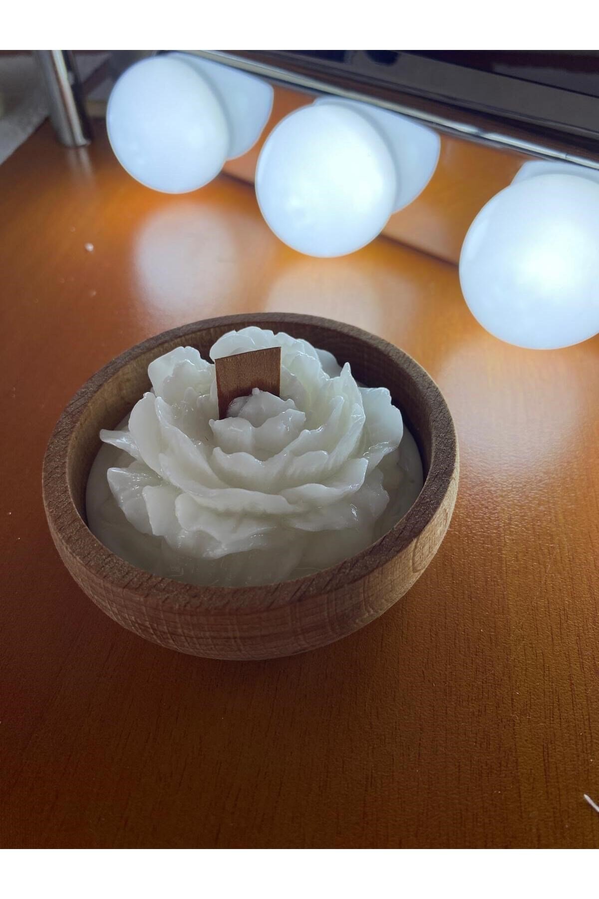 Şakayık Çiçekli Dekoratif Ahşap Kase Özel Tasarım Kokulu Aromaterapi Mum