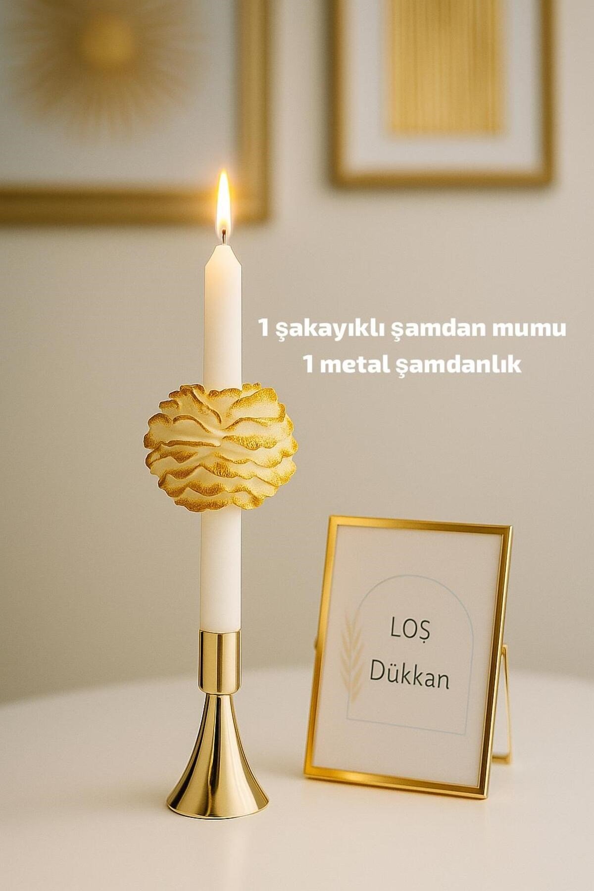 Şamdanlık(Dahil) Gold Şakayıklı Zarif Şamdan Mumu 1 ADET-Pinterest Konsept Tasarım Ortası Çiçekli