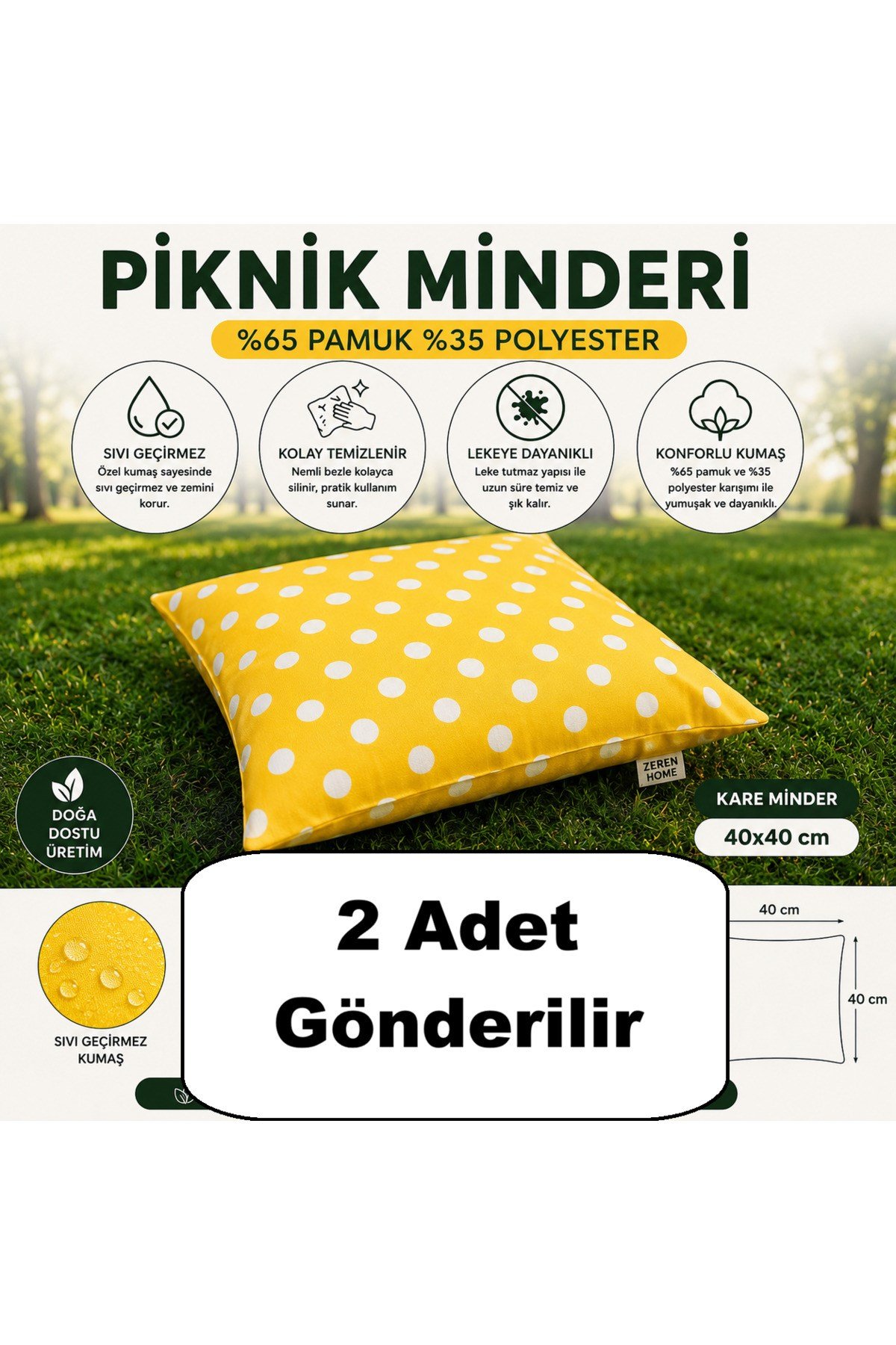 Sarı Puantiyeli Dolgulu Yer Minderi 40x40 cm | Piknik ve Bahçe Minderi | Sıvı Geçirmez - 2 Adet