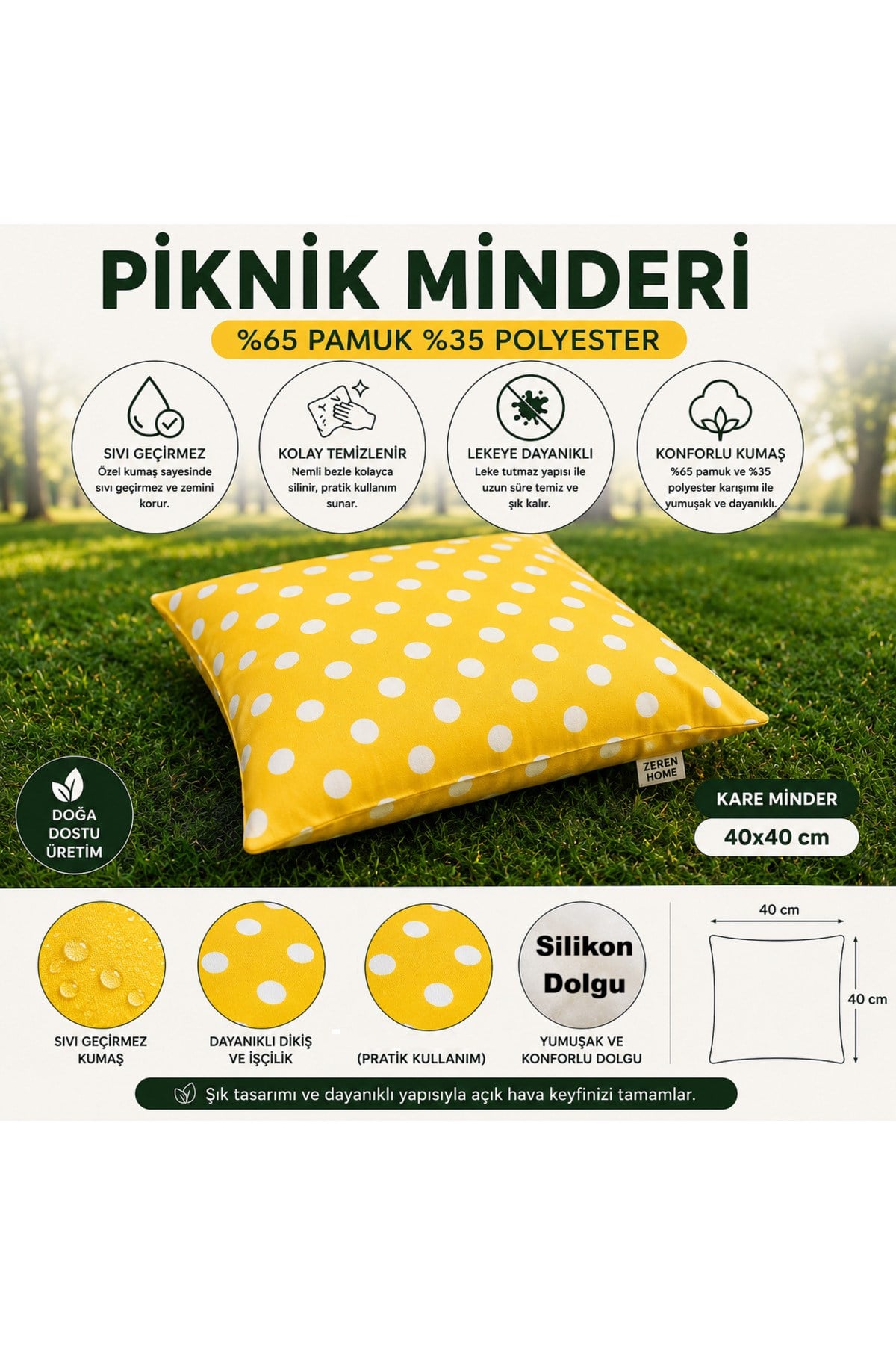 Sarı Puantiyeli Dolgulu Yer Minderi 40x40 cm | Piknik ve Bahçe Minderi | Sıvı Geçirmez - 2 Adet