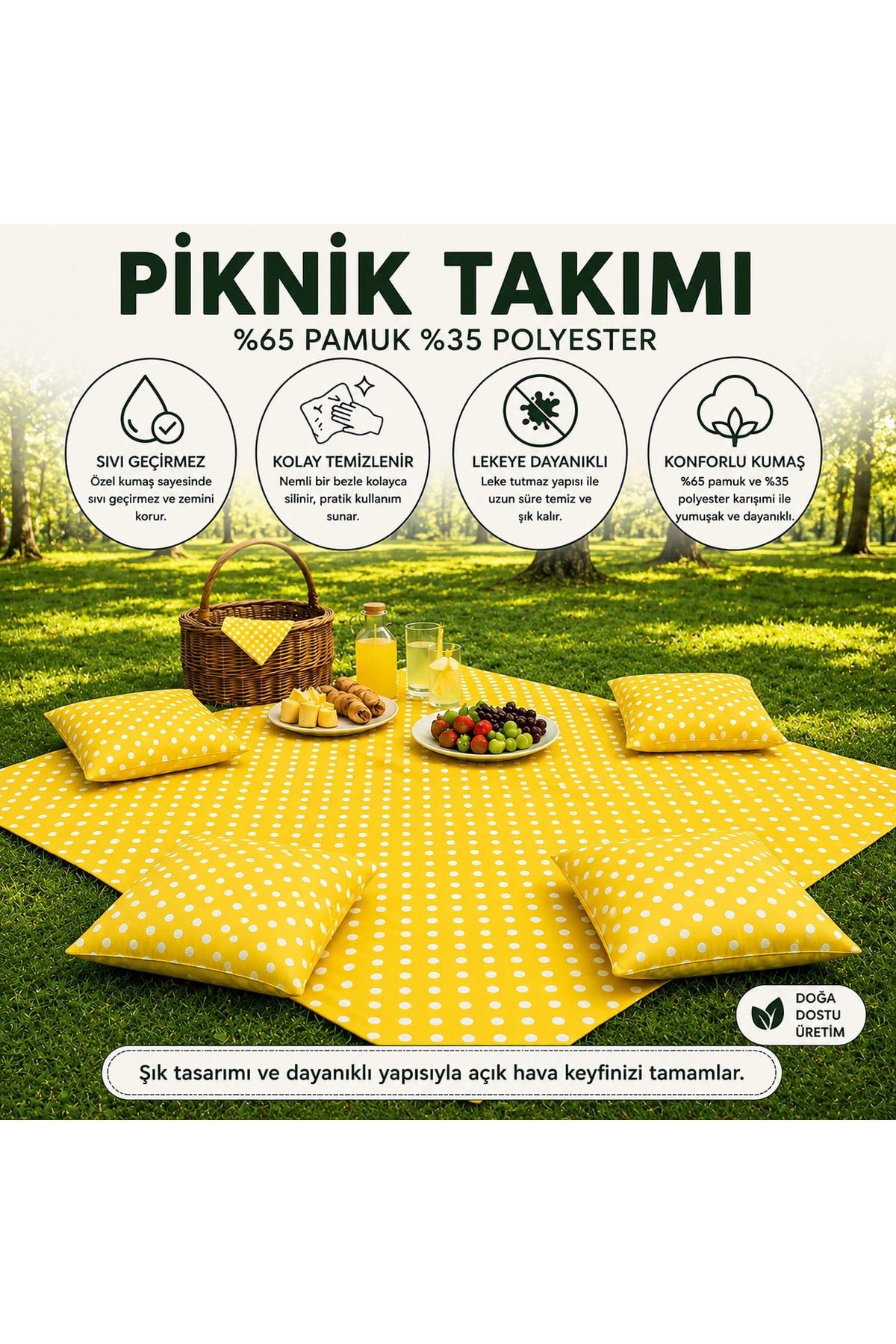 Sarı Puantiyeli Piknik Takımı 170x170 cm | 4 Kare Minderli | Sıvı Geçirmez | Bahçe & Kamp Örtüsü | Özel Üretim