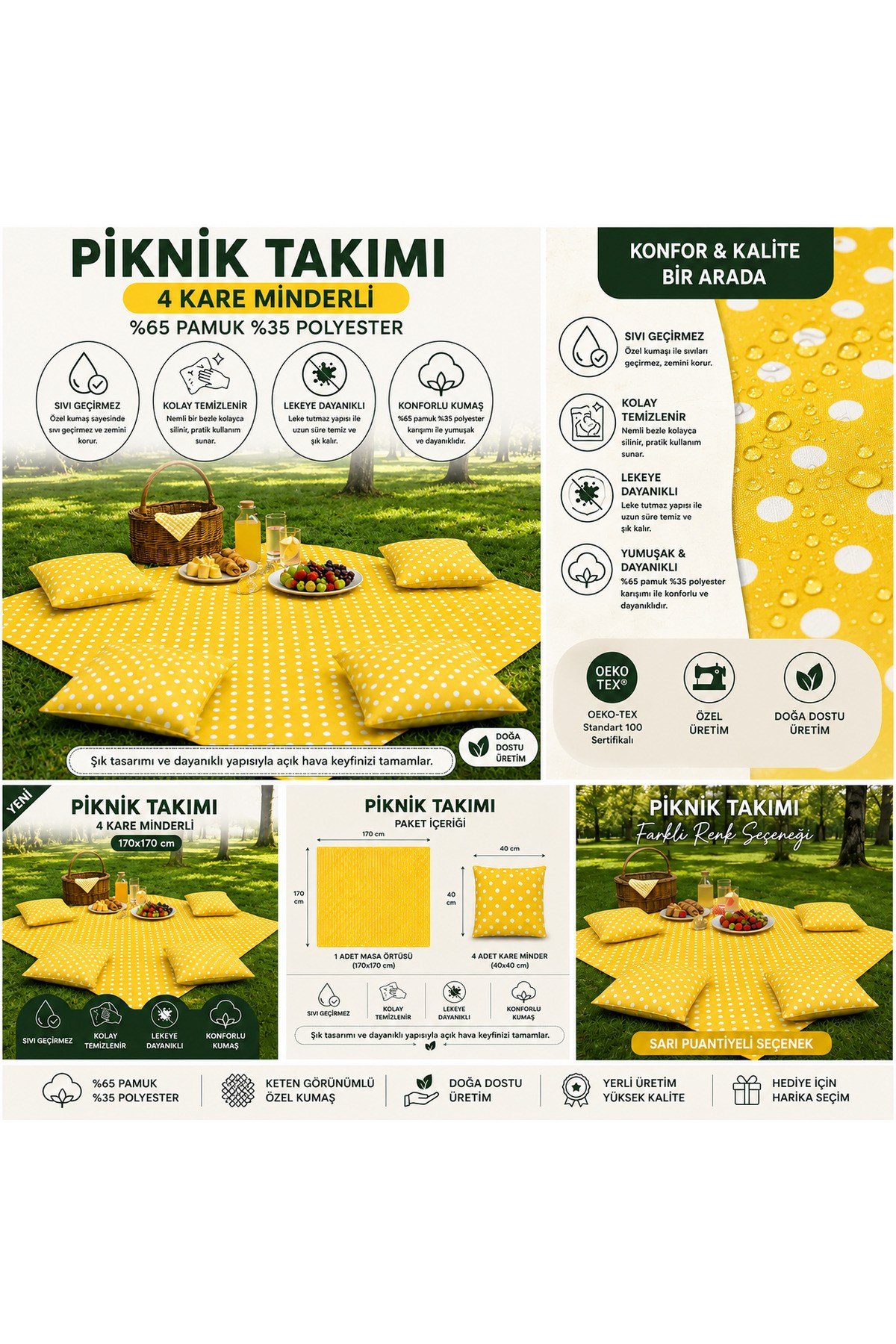 Sarı Puantiyeli Piknik Takımı 170x170 cm | 4 Kare Minderli | Sıvı Geçirmez | Bahçe & Kamp Örtüsü | Özel Üretim