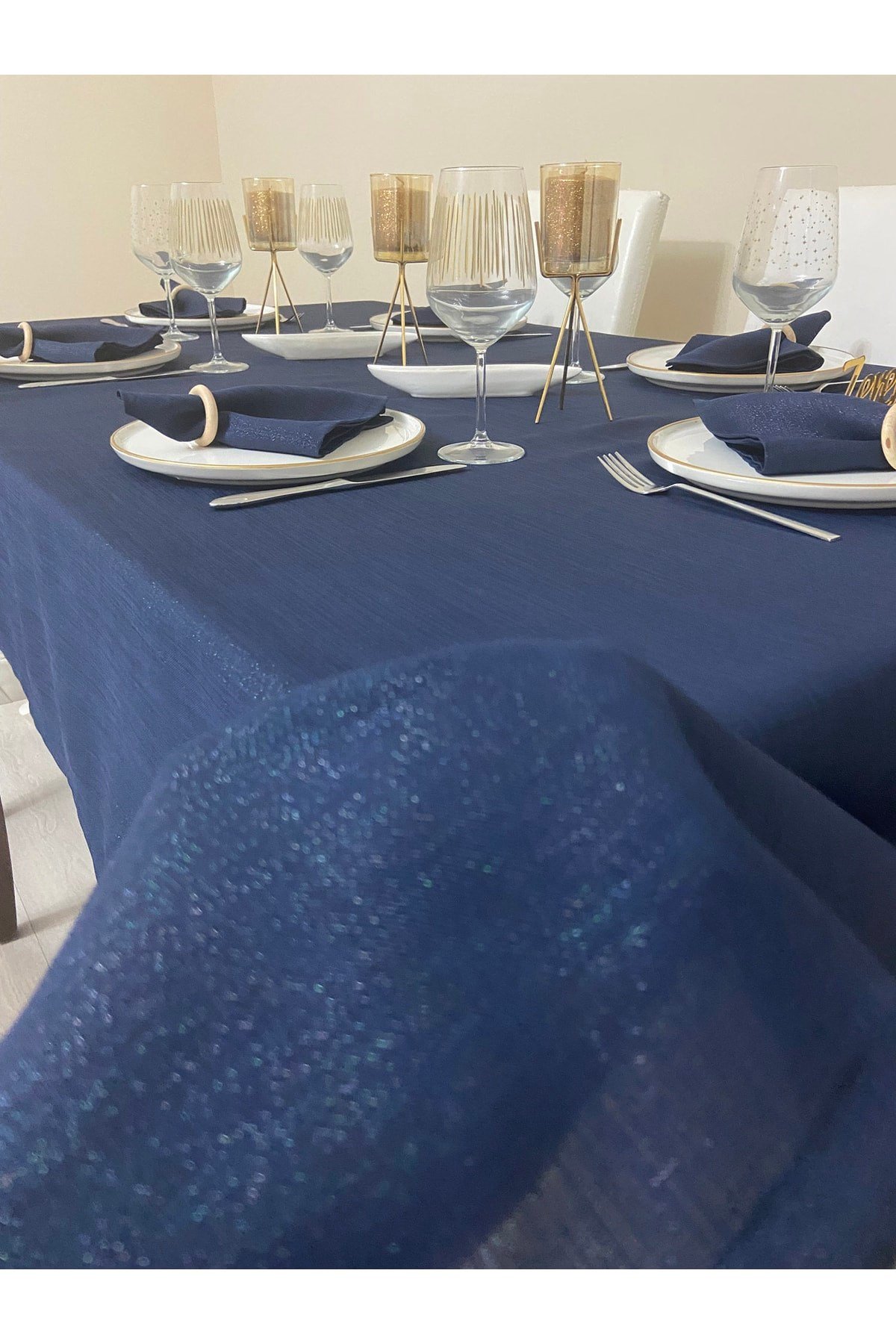 Simli Dertsiz Salon Masa Örtüsü Lacivert