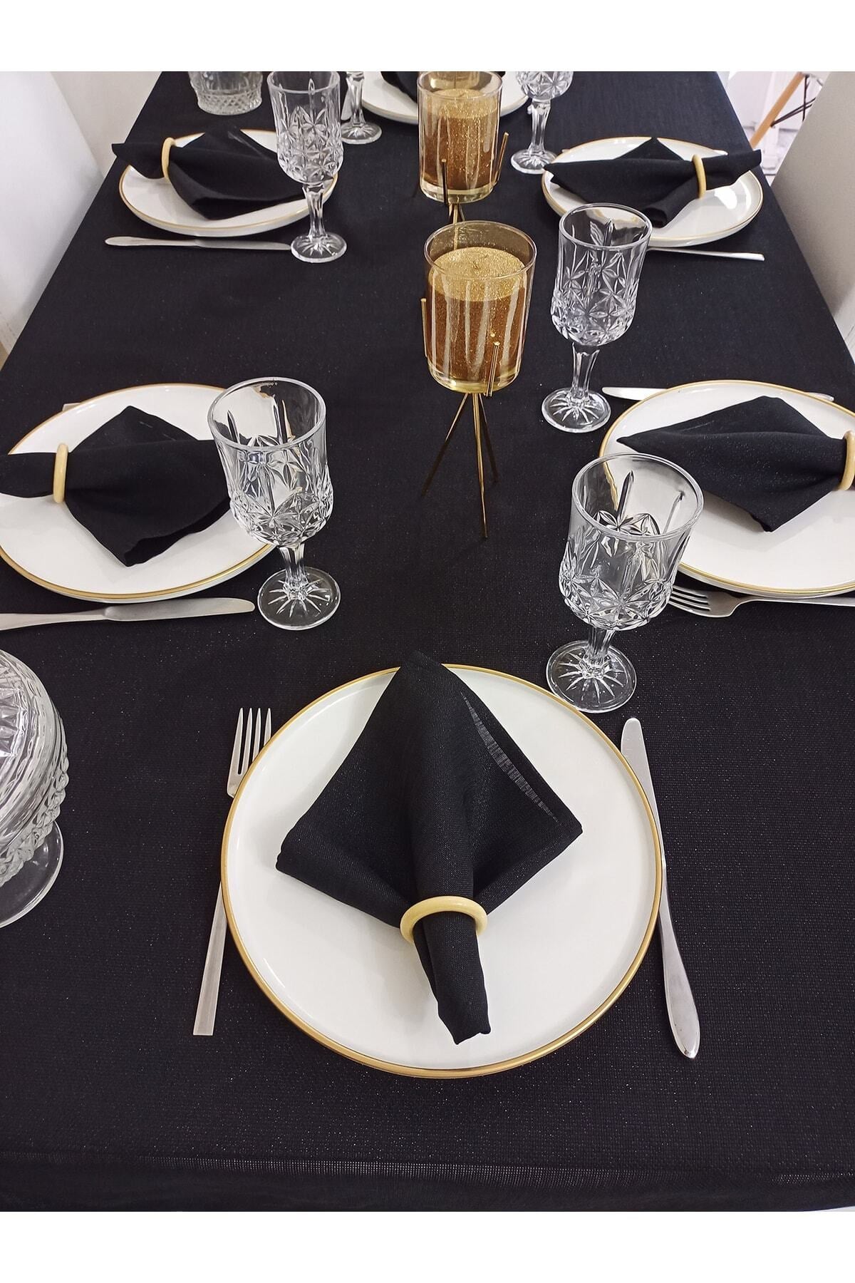 Simli Etamin Dokulu Keten Görünümlü Dertsiz Masa Örtüsü Siyah