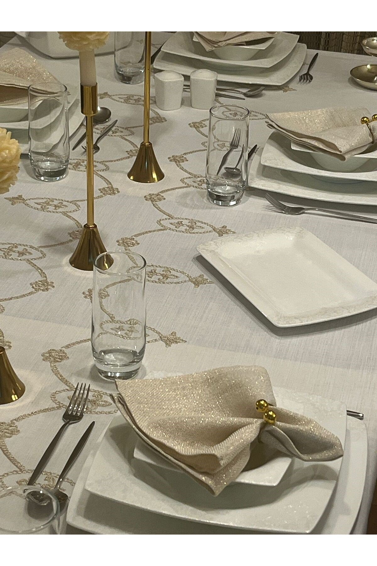 Simli Gold Nakış İşleme Detaylı Dertsiz Masa Örtüsü Kırık Beyaz + 12 Gold Peçete