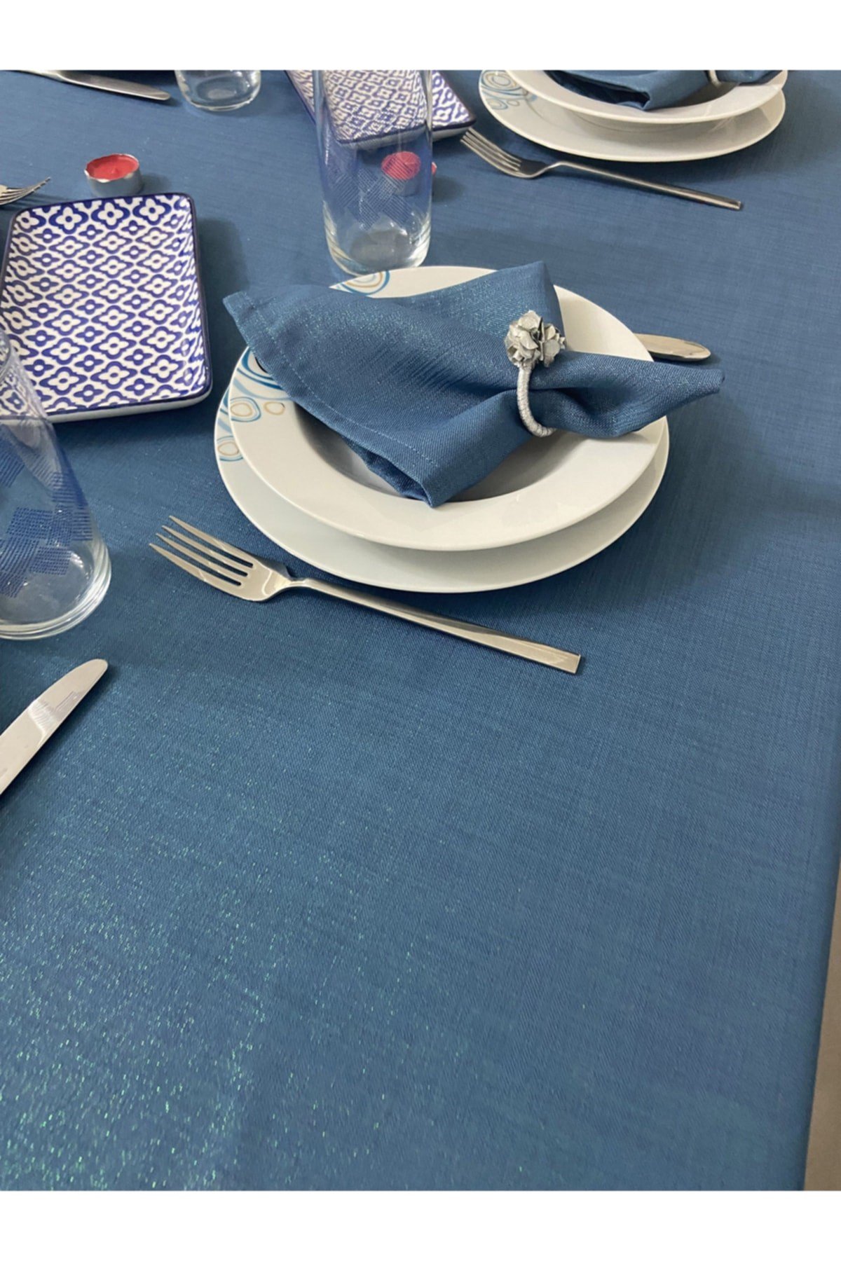 Simli Keten Görünümlü Begonvil Masa Örtüsü Indigo Mavi 25 Parça Set