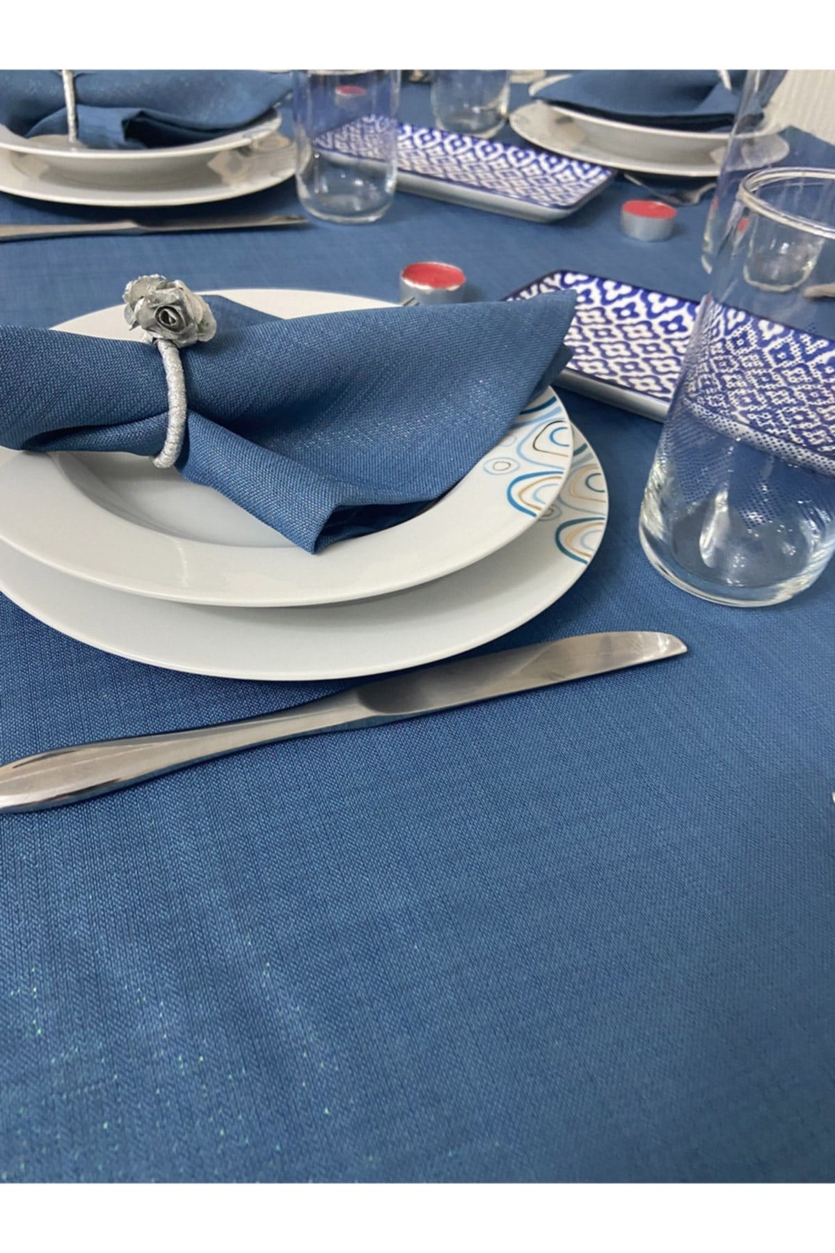 Simli Keten Görünümlü Begonvil Masa Örtüsü Indigo Mavi 25 Parça Set