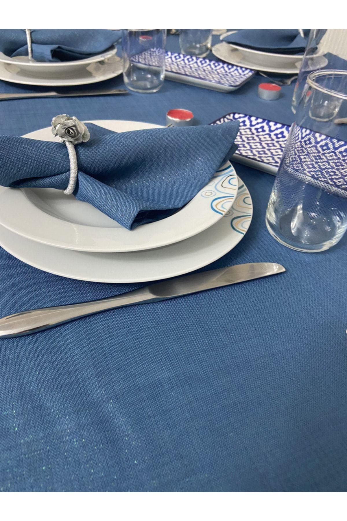 Simli Keten Görünümlü Begonvil Masa Örtüsü Indigo Mavi