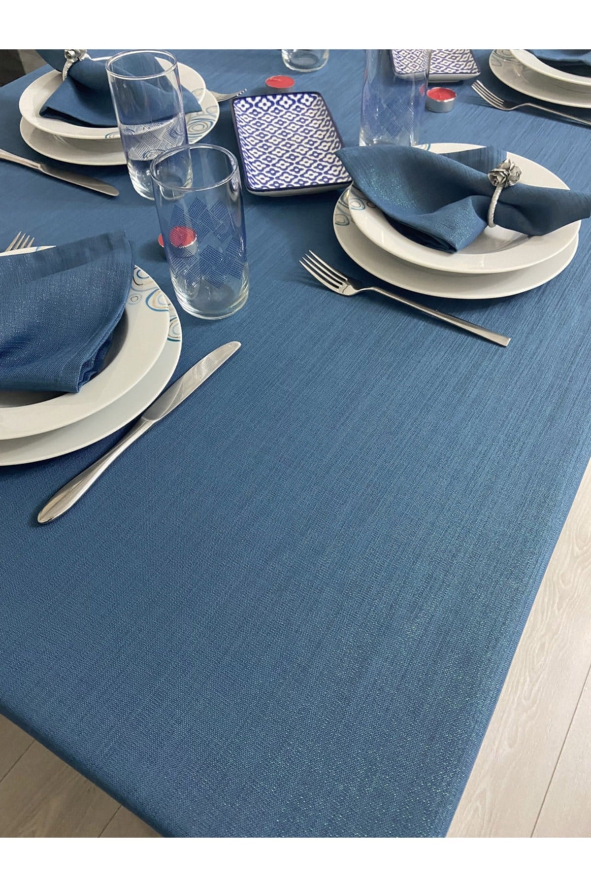 Simli Keten Görünümlü Begonvil Masa Örtüsü Indigo Mavi 25 Parça Set