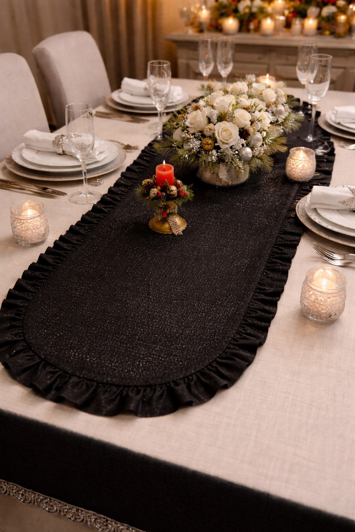 Simli Keten Görünümlü Oval Runner | Fırfırlo Lüks Masa Runner | Işıltılı Şık Sofra Dekoru - 40x140