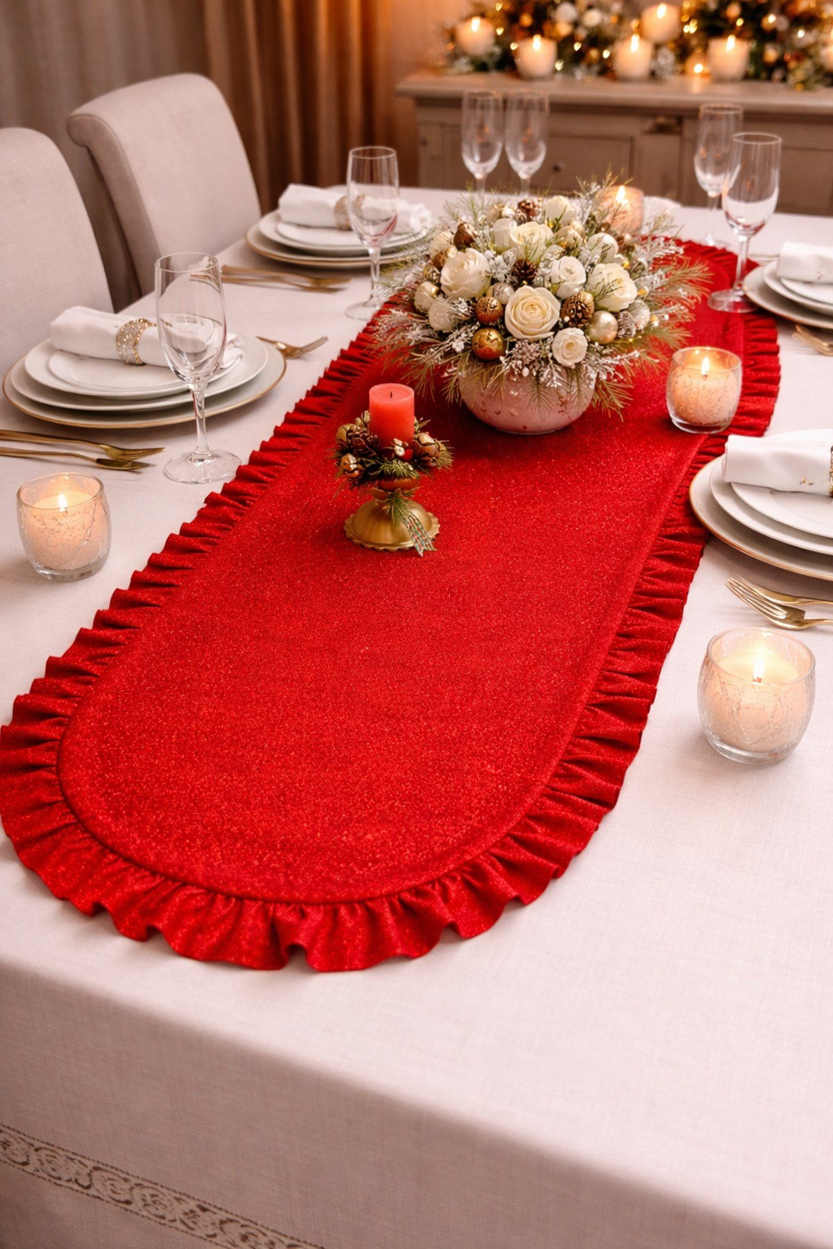 Simli Keten Görünümlü Oval Runner | Fırfırlo Lüks Masa Runner | Işıltılı Şık Sofra Dekoru - 40x140