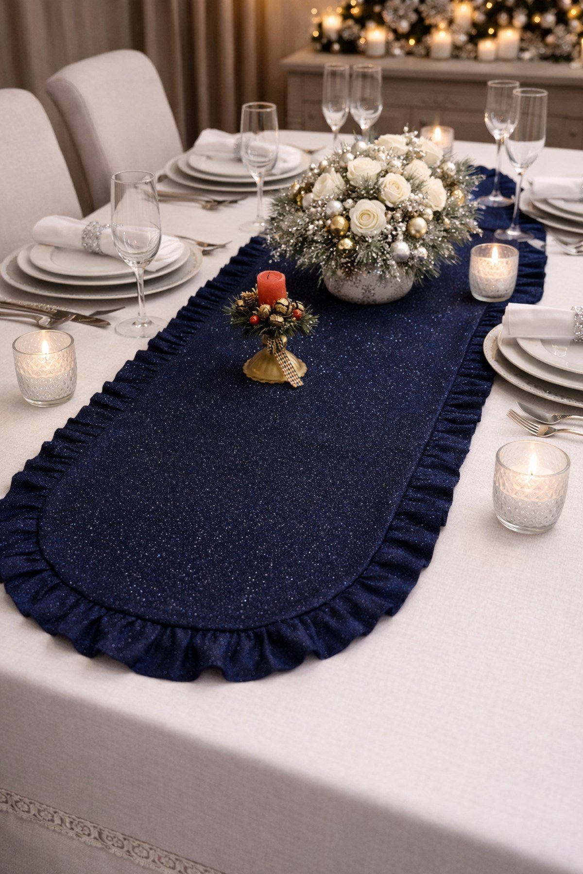 Simli Keten Görünümlü Oval Runner | Fırfırlo Lüks Masa Runner | Işıltılı Şık Sofra Dekoru - 40x140