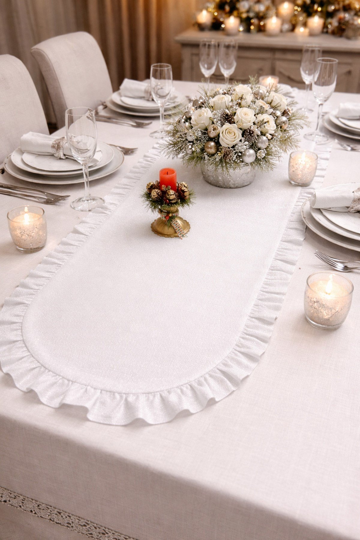 Simli Keten Görünümlü Oval Runner | Fırfırlo Lüks Masa Runner | Işıltılı Şık Sofra Dekoru - 40x140