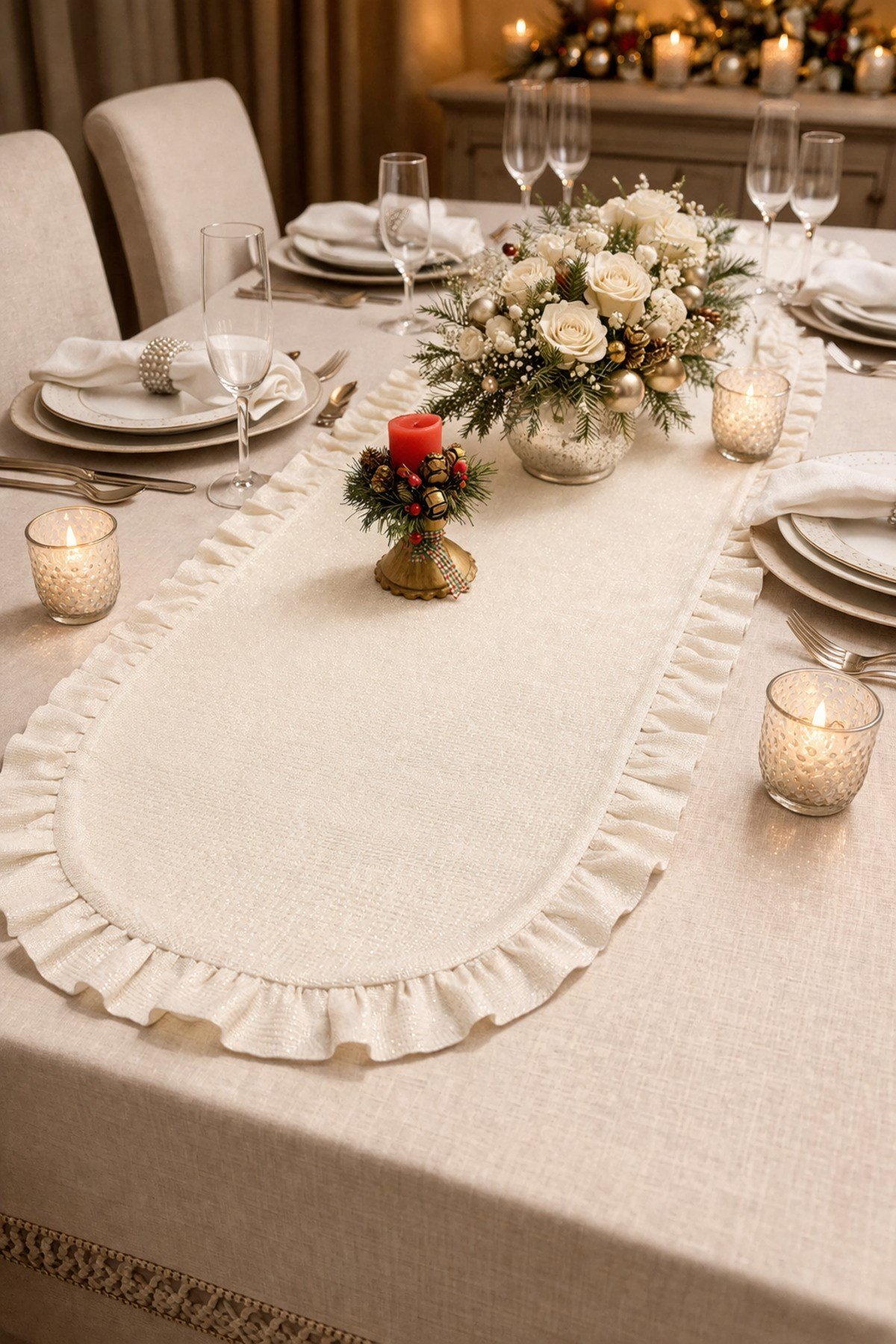 Simli Keten Görünümlü Oval Runner | Fırfırlo Lüks Masa Runner | Işıltılı Şık Sofra Dekoru - 40x140