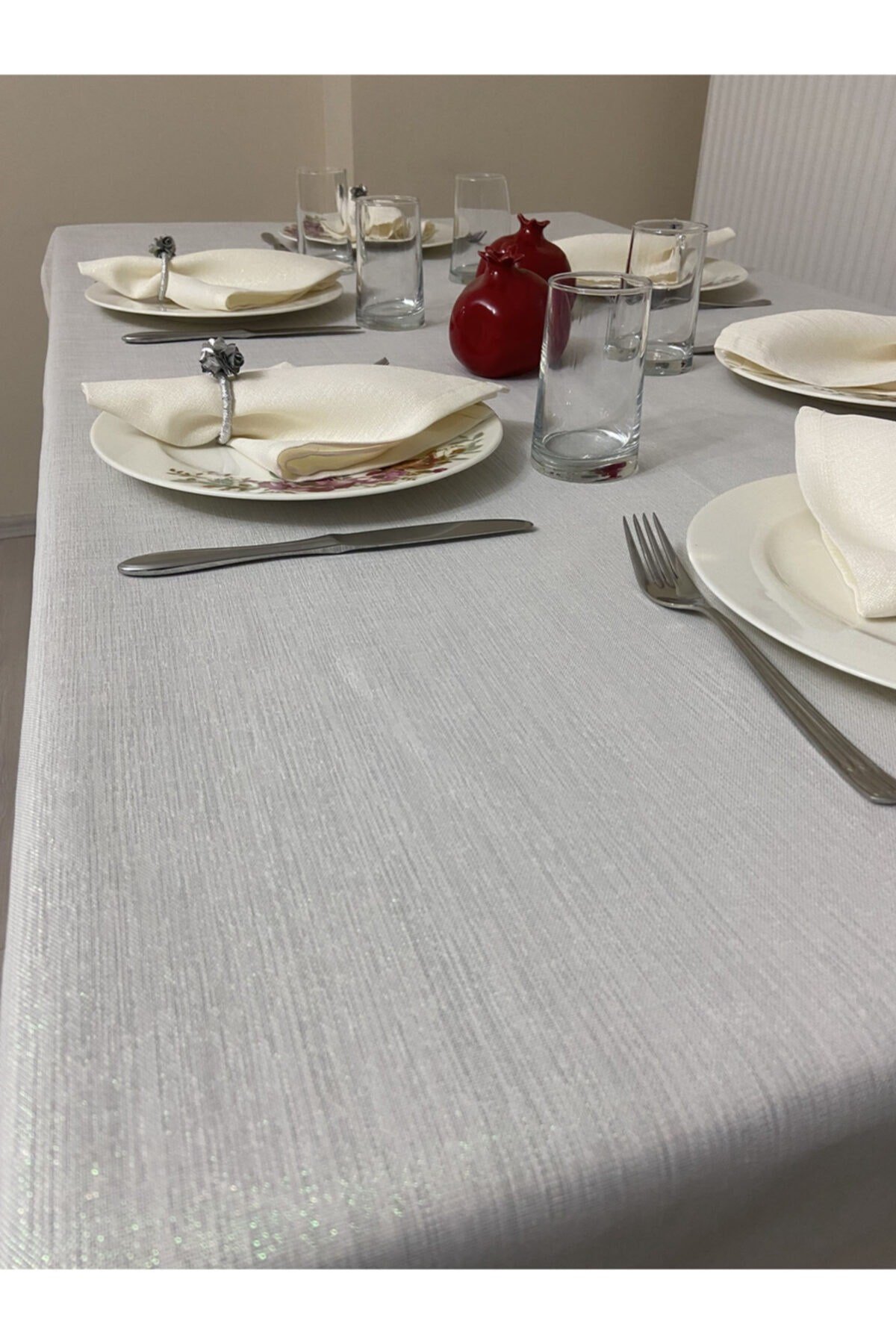Simli Masa Örtüsü Bej 13 Parça Set