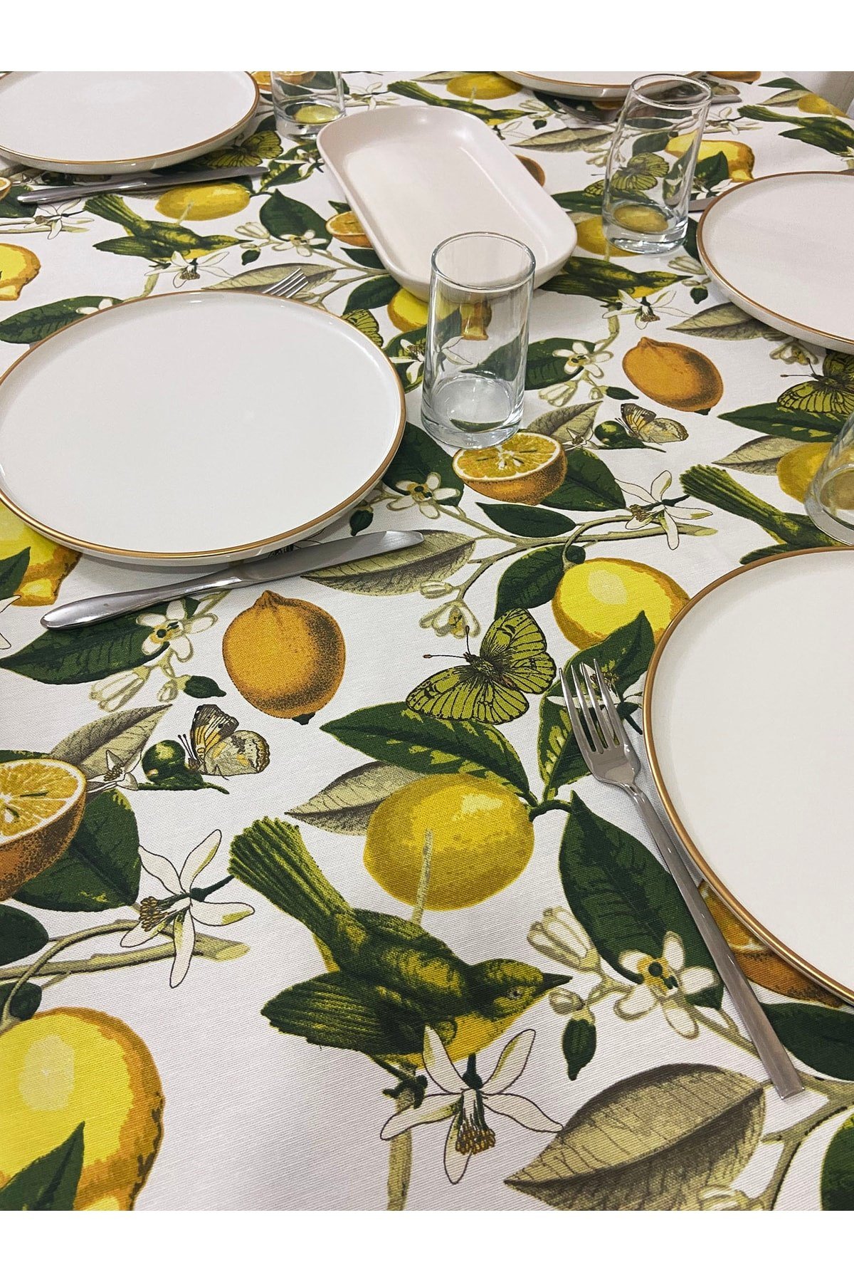 Sıvı Geçirmez Dertsiz Masa Örtüsü Limon Desenli