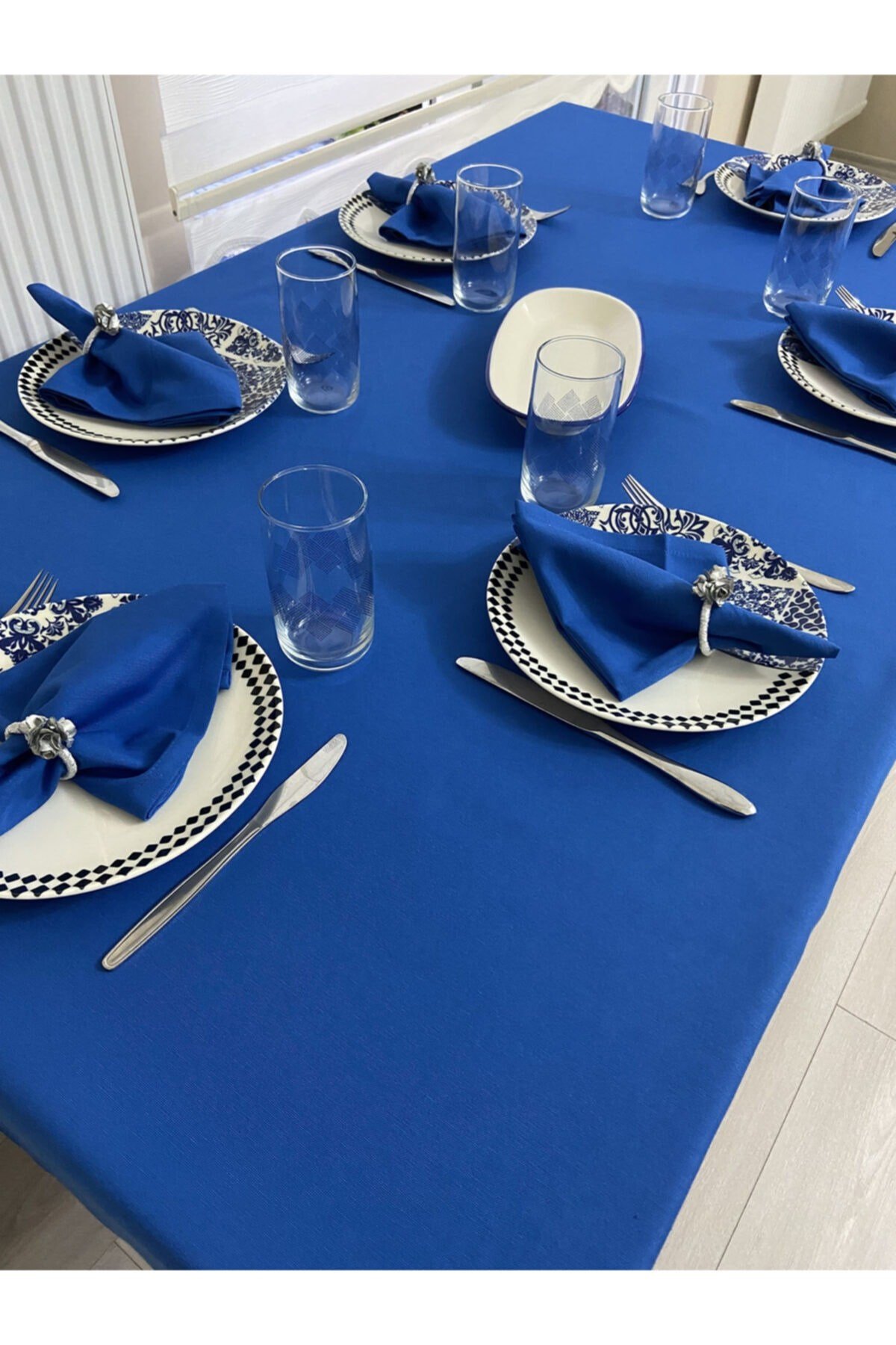 Sıvı Geçirmez Dertsiz Masa Örtüsü Saks Mavi 13 Parça Set