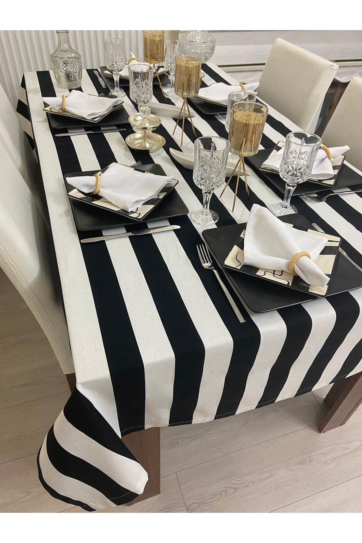 Sıvı Geçirmez Dertsiz Masa Örtüsü Siyah Beyaz Kalın Çizgi 25 Parça