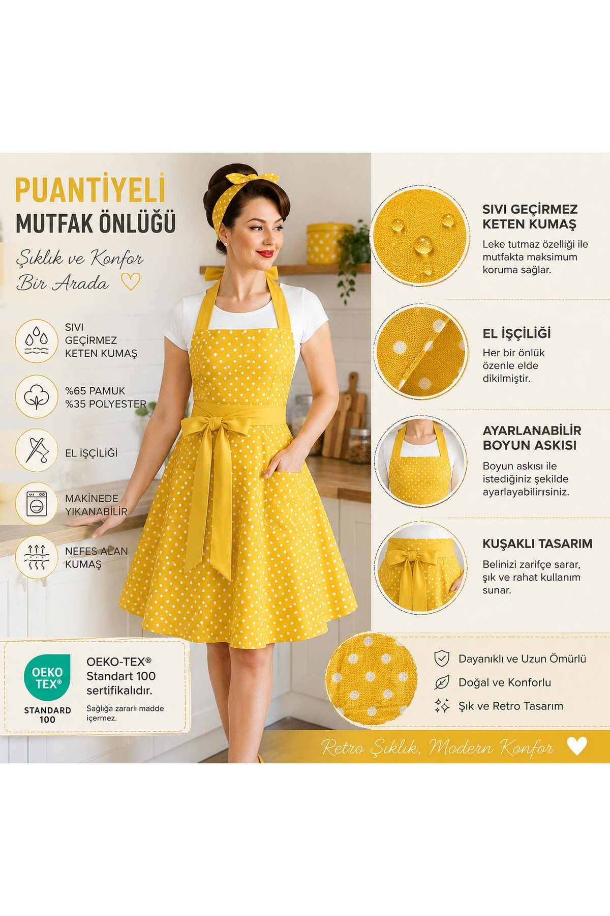 Sıvı Geçirmez Keten Mutfak Önlüğü | Oeko-Tex 100 | El İşçiliği | %65 Pamuk %35 Polyester | Retro Puantiyeli Tasarım