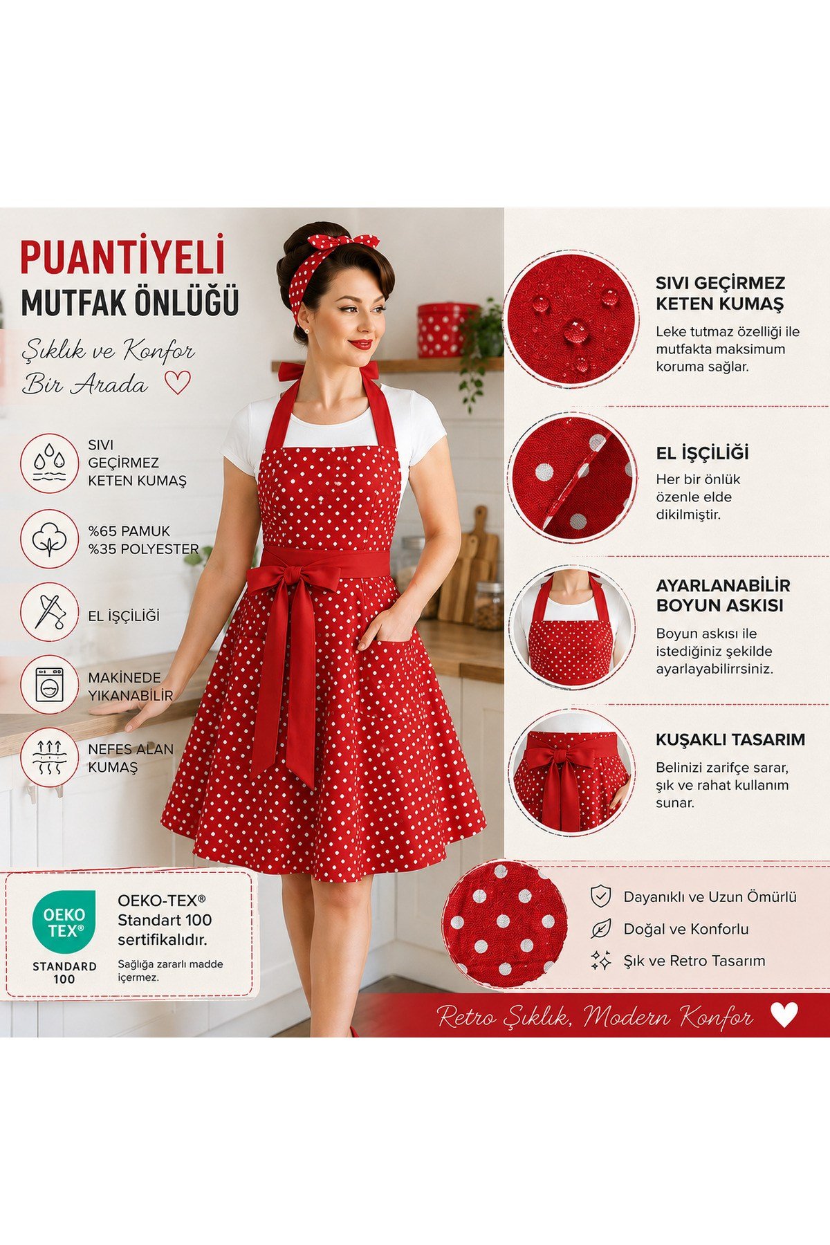 Sıvı Geçirmez Keten Mutfak Önlüğü | Oeko-Tex 100 | El İşçiliği | %65 Pamuk %35 Polyester | Retro Puantiyeli Tasarım