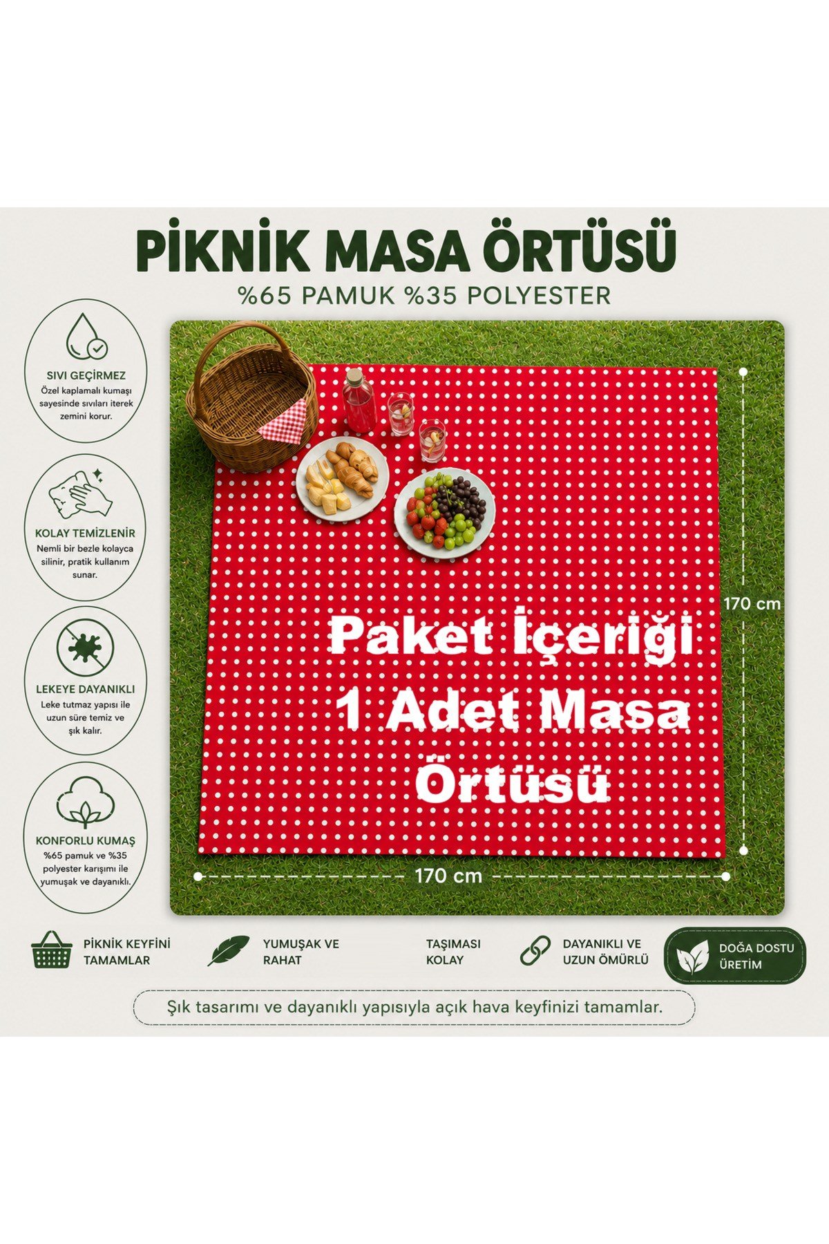 Sıvı Geçirmez Puantiyeli Piknik Masa Örtüsü Bahçe Kamp Piknik Örtüsü 170 x 170 Kırmızı