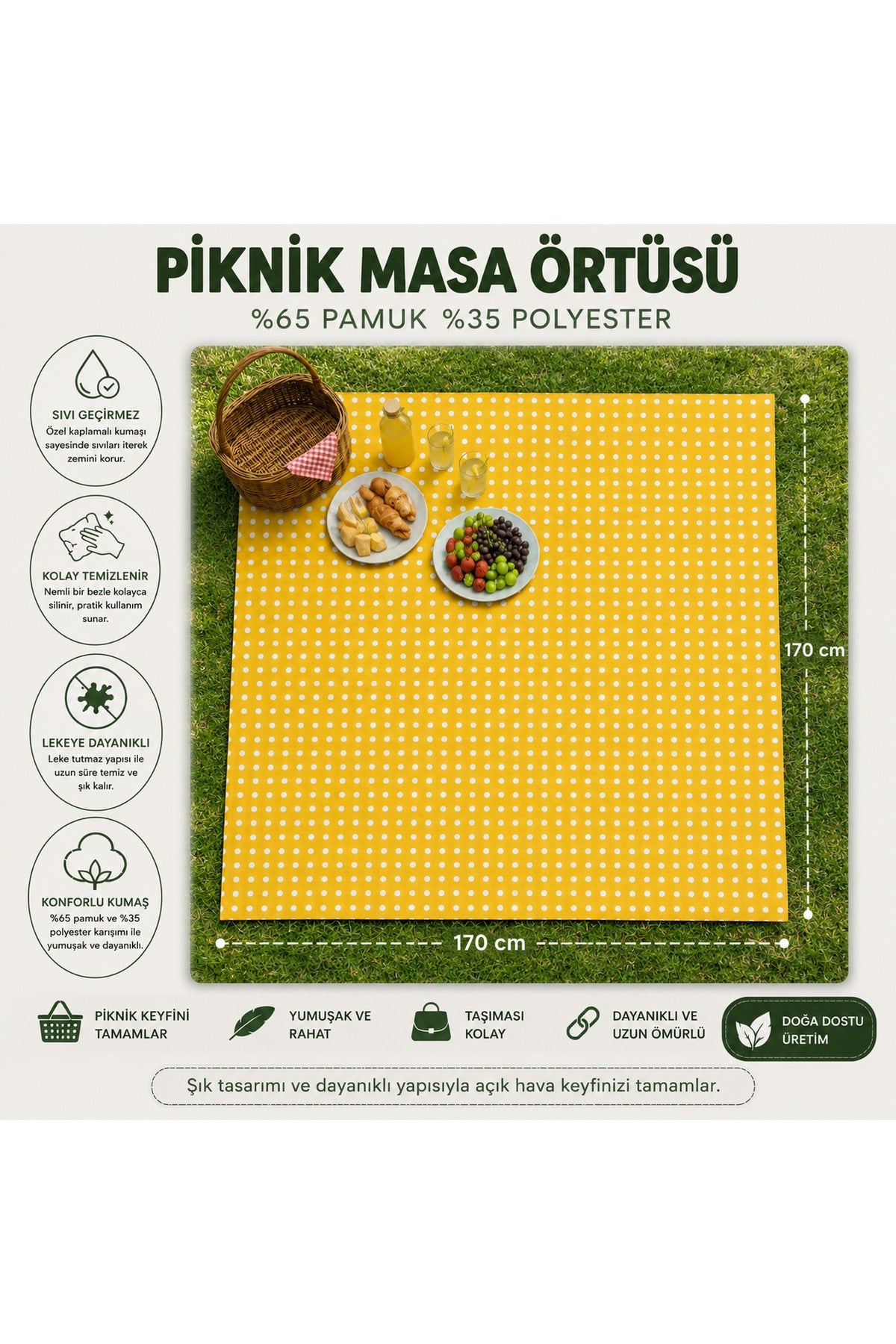 Sıvı Geçirmez Puantiyeli Piknik Masa Örtüsü Bahçe Kamp Piknik Örtüsü 170 x 170 Sarı