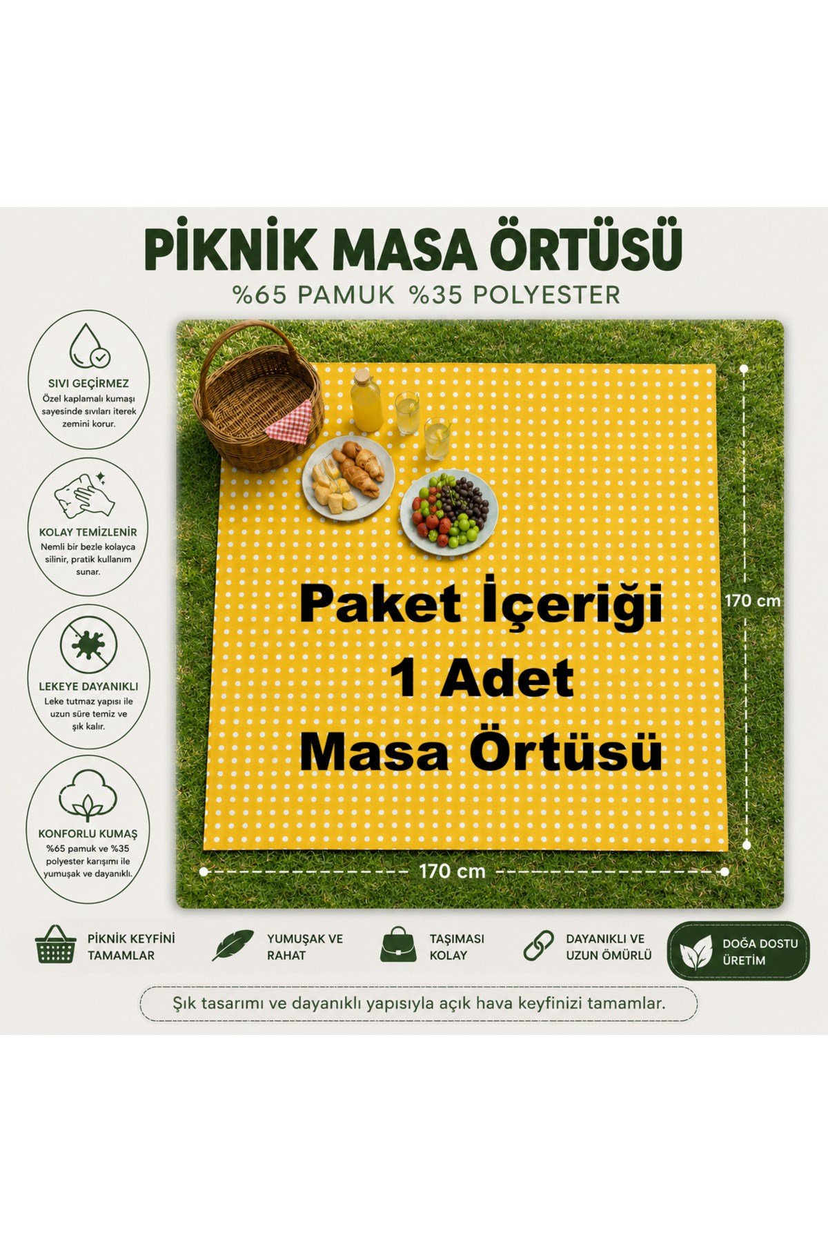 Sıvı Geçirmez Puantiyeli Piknik Masa Örtüsü Bahçe Kamp Piknik Örtüsü 170 x 170 Sarı