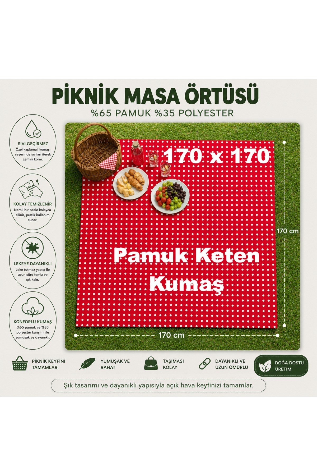 Sıvı Geçirmez Puantiyeli Piknik Masa Örtüsü Bahçe Kamp Piknik Örtüsü 170 x 170 Kırmızı