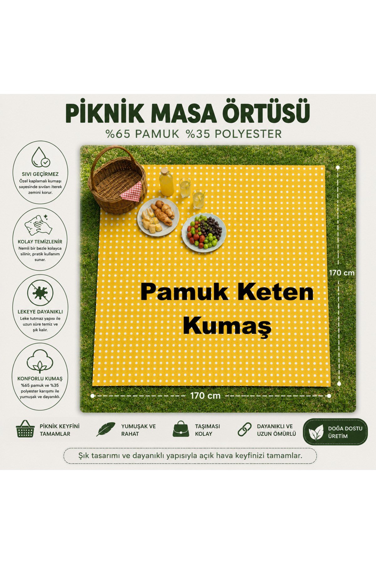 Sıvı Geçirmez Puantiyeli Piknik Masa Örtüsü Bahçe Kamp Piknik Örtüsü 170 x 170 Sarı